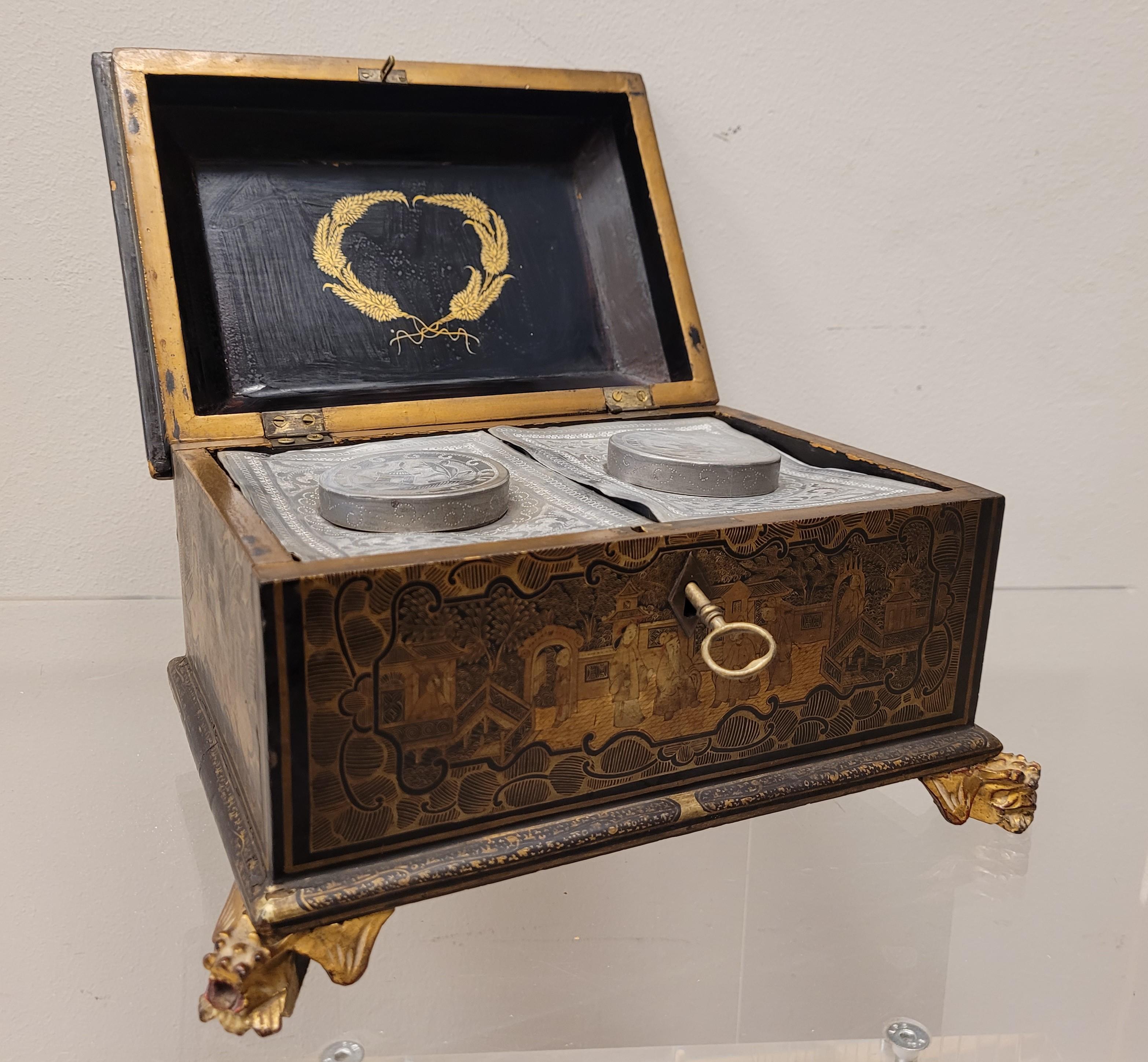 English Black Lacquer, Gold Tea Caddie with Chinoiseries, Victorian Age 6