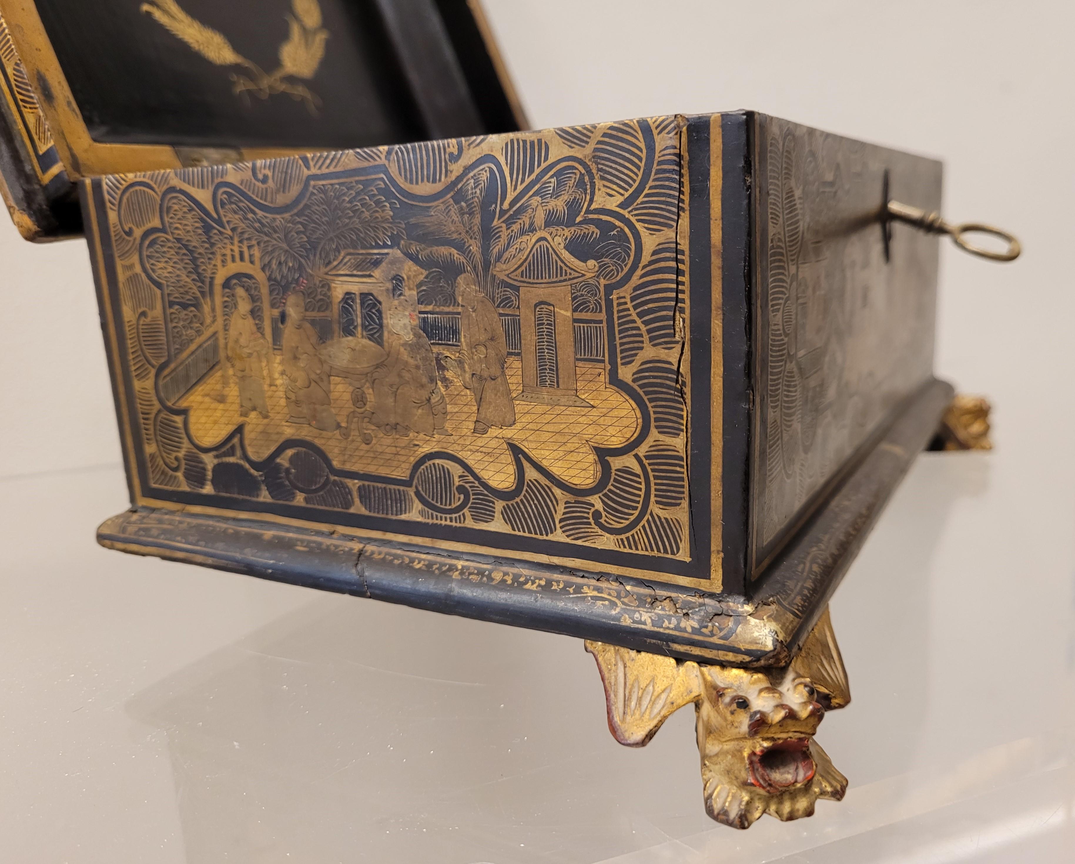 English Black Lacquer, Gold Tea Caddie with Chinoiseries, Victorian Age 9