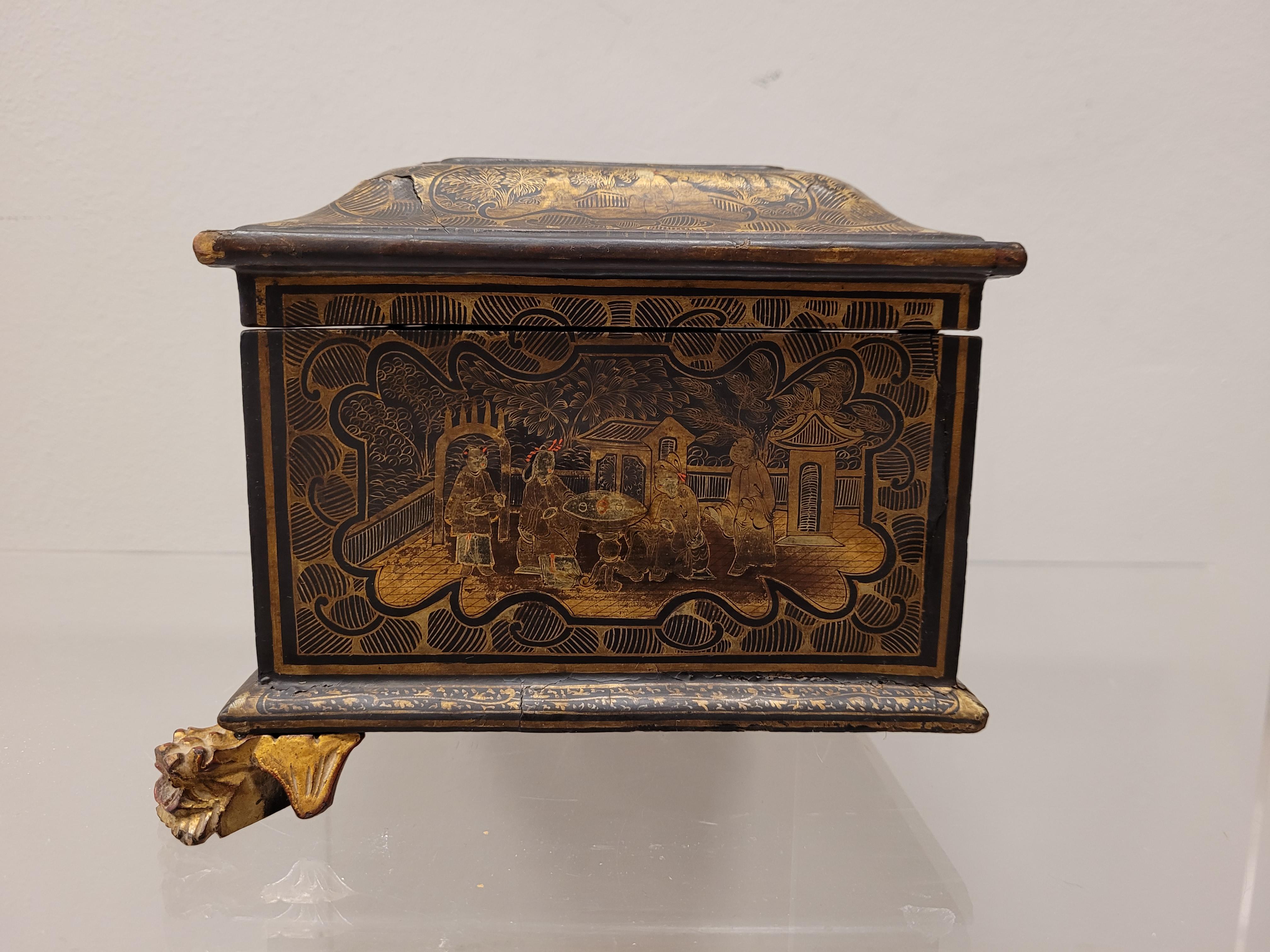 English Black Lacquer, Gold Tea Caddie with Chinoiseries, Victorian Age 7