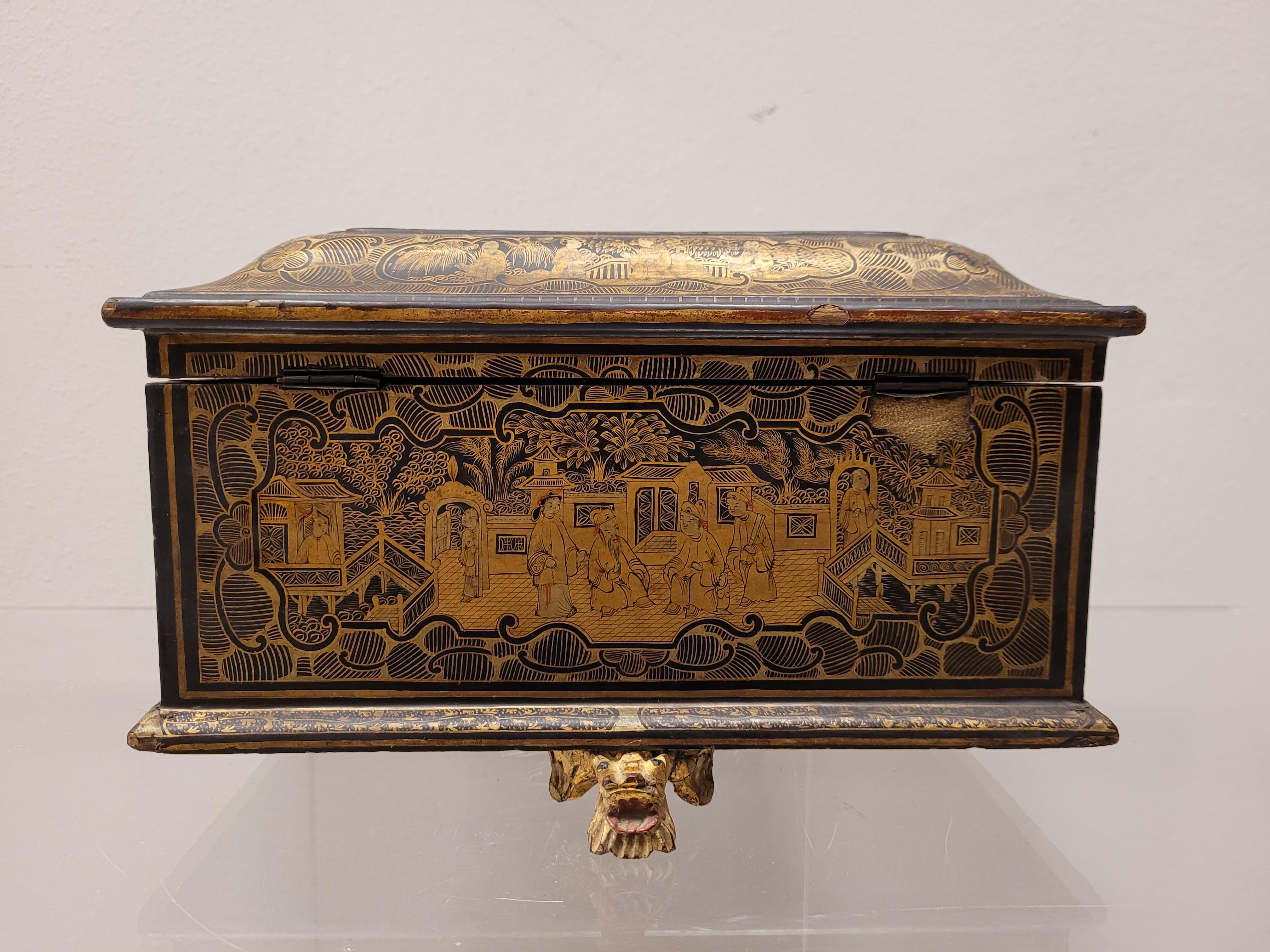 English Black Lacquer, Gold Tea Caddie with Chinoiseries, Victorian Age 8