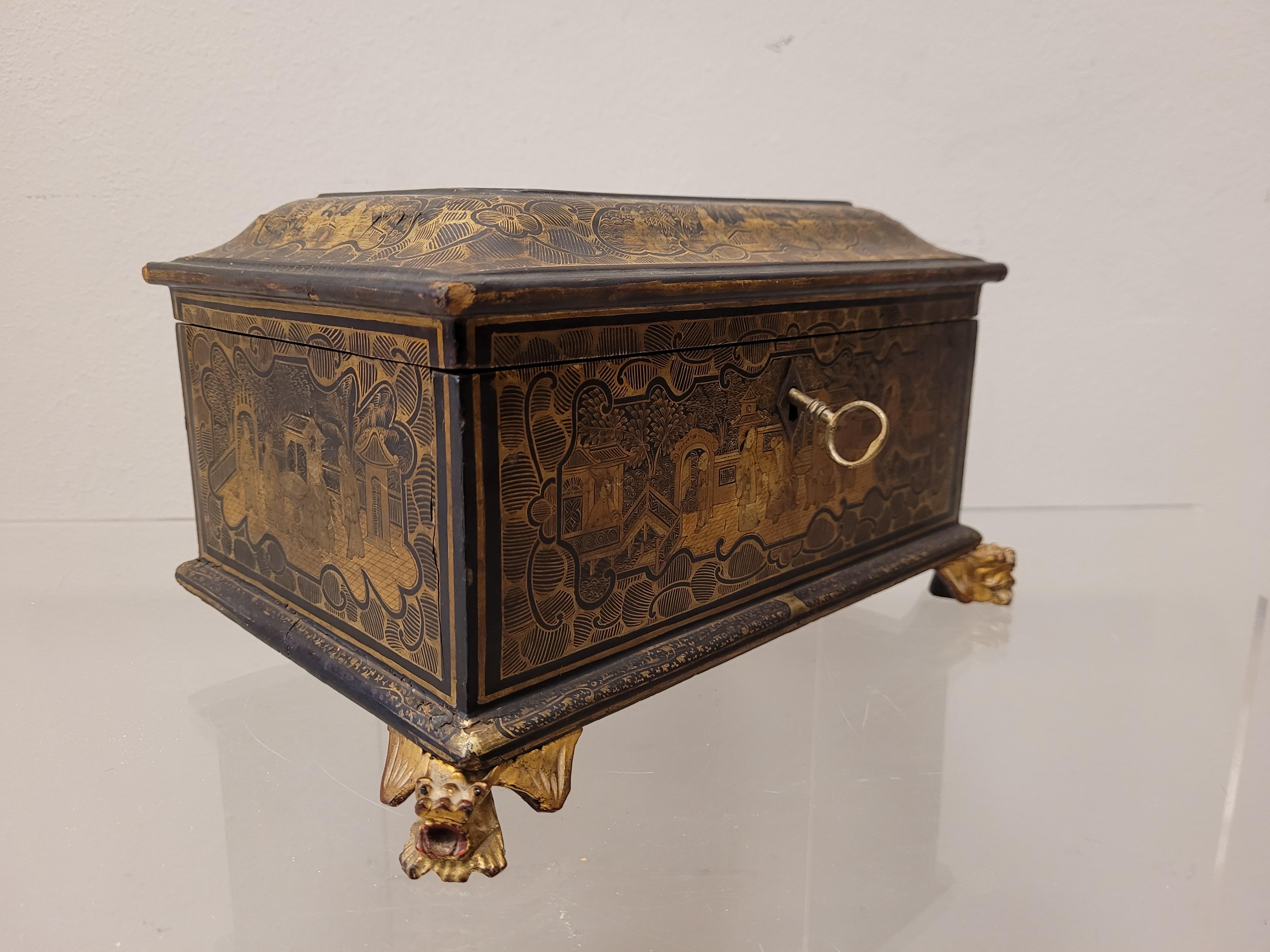 English Black Lacquer, Gold Tea Caddie with Chinoiseries, Victorian Age 13