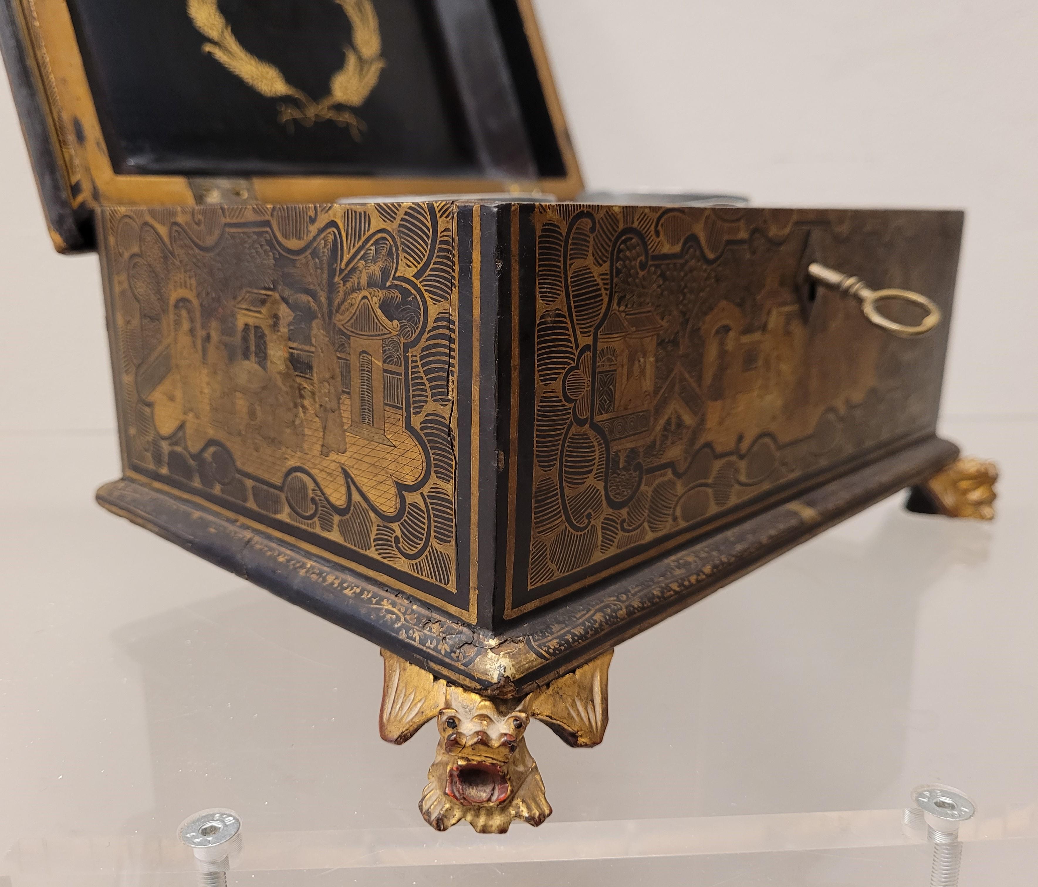 Hand-Crafted English Black Lacquer, Gold Tea Caddie with Chinoiseries, Victorian Age