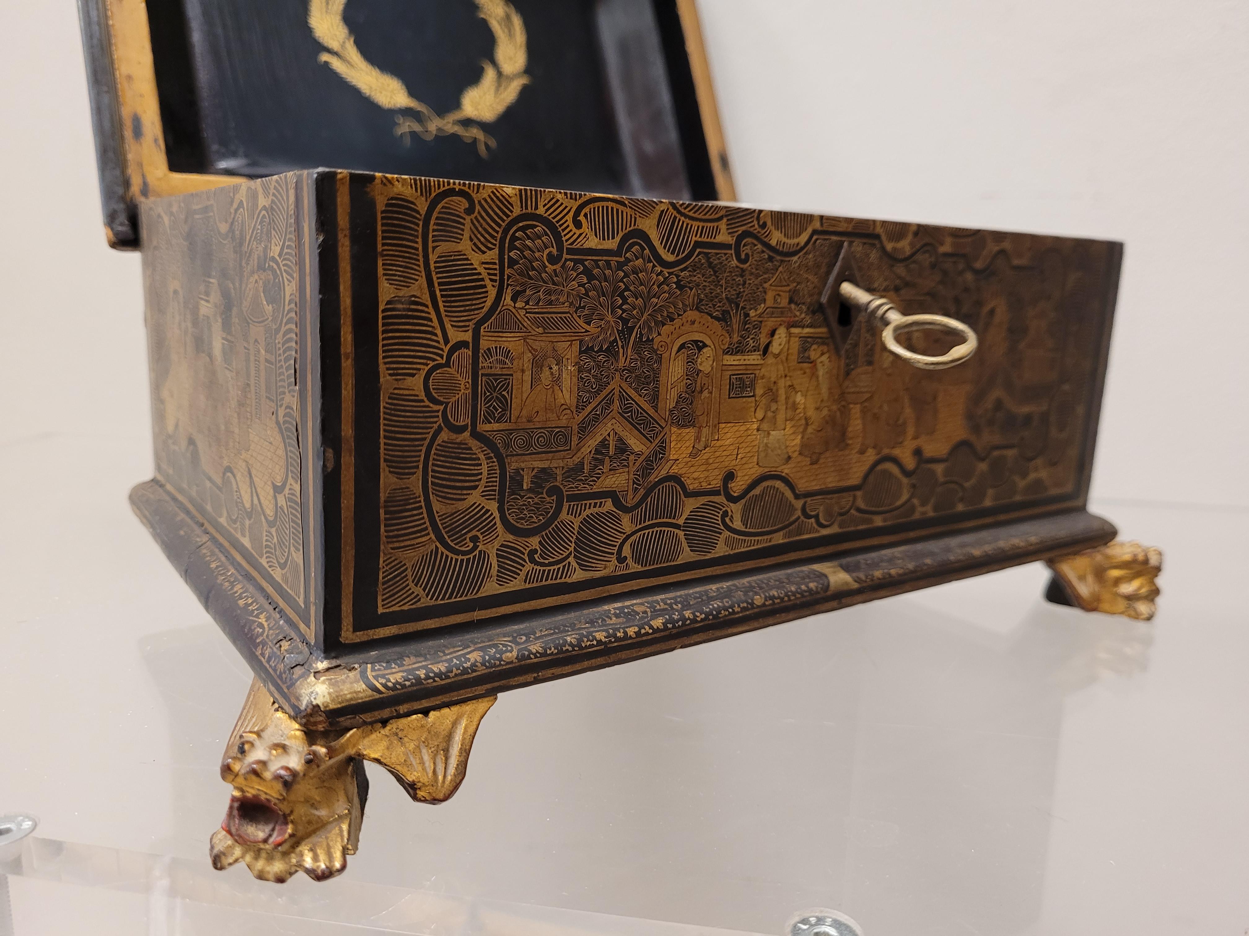 Mid-19th Century English Black Lacquer, Gold Tea Caddie with Chinoiseries, Victorian Age