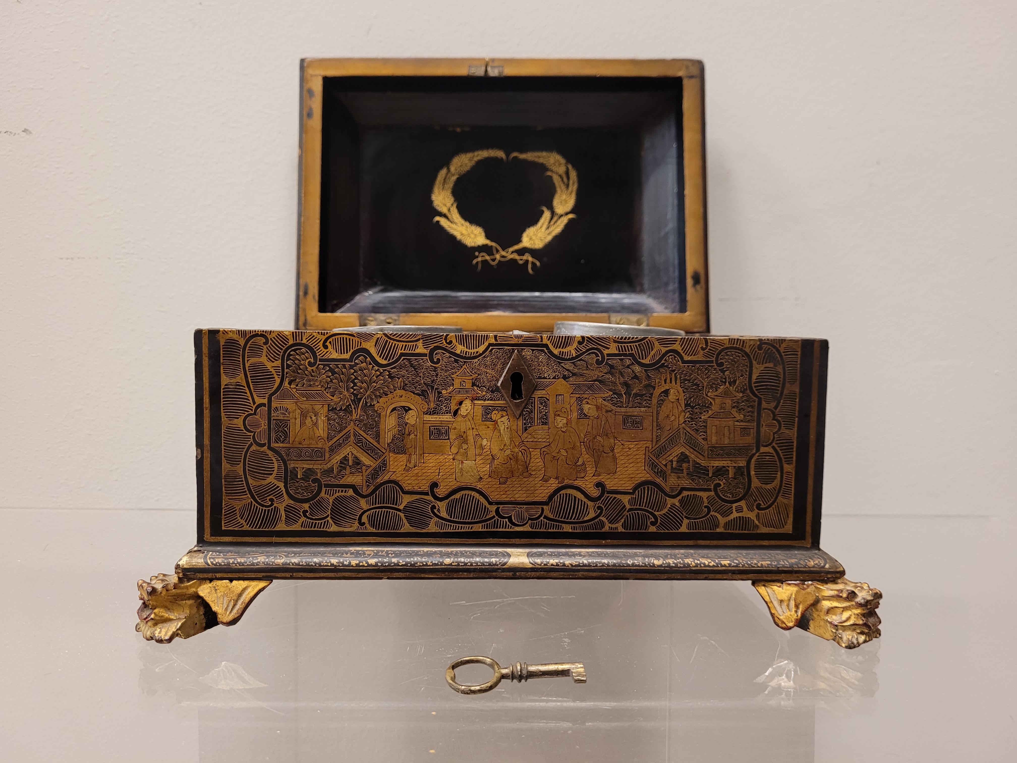 English Black Lacquer, Gold Tea Caddie with Chinoiseries, Victorian Age 2