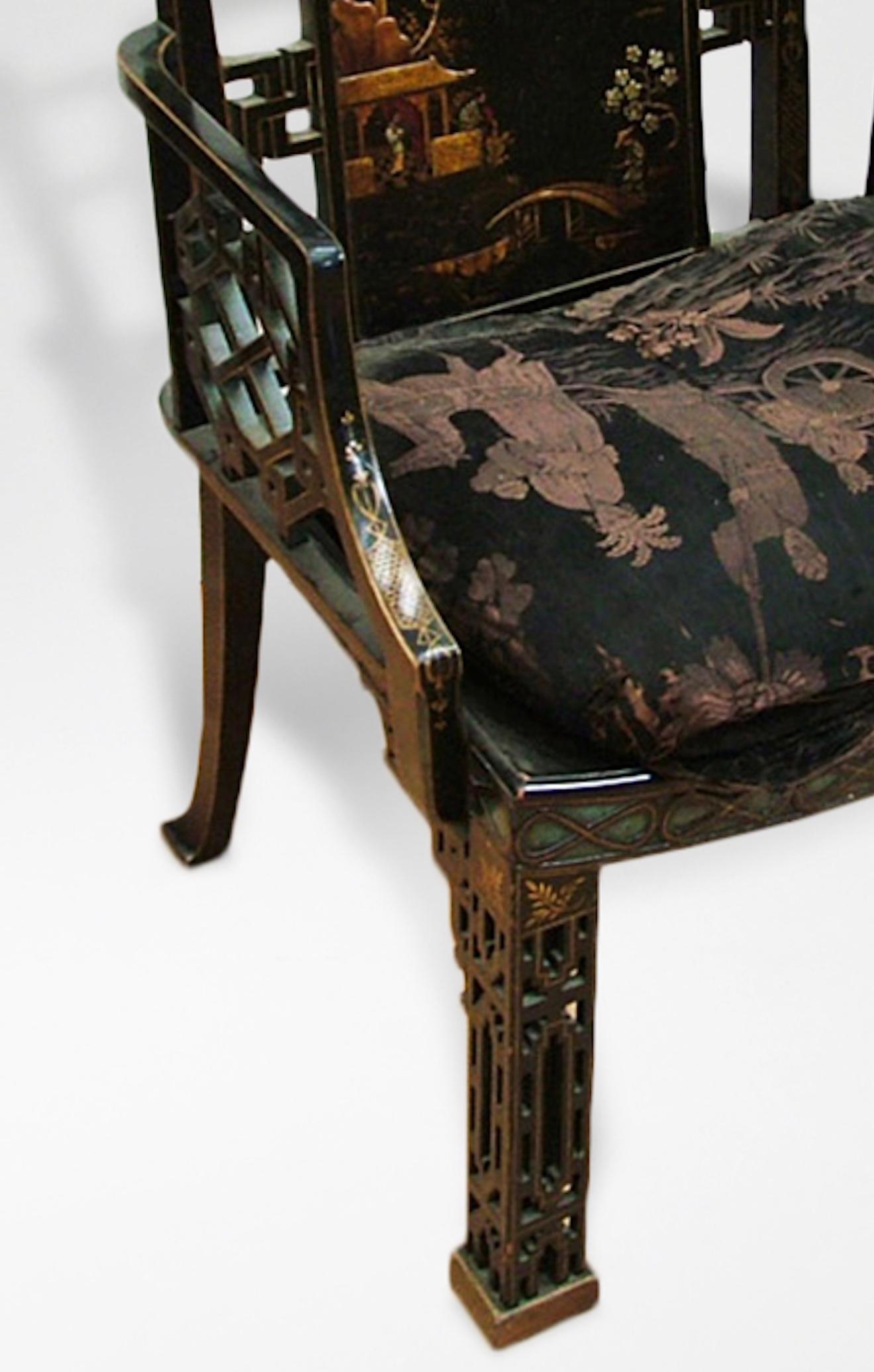 20th Century English Black Lacquer Pagoda Armchair in the Chinese Chippendale Style For Sale