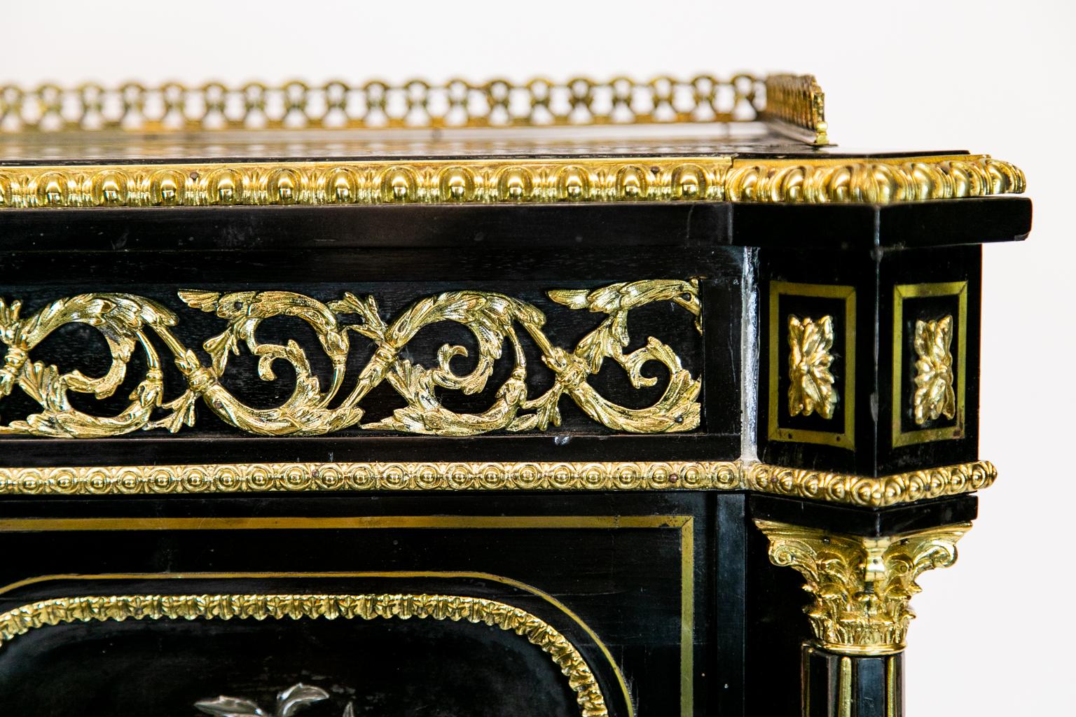 English black lacquer step back cabinet, extraordinary cabinet having doors inlaid with floral urns made of onyx, marble, glass, and other various stones. It has brass line inlay, stop fluted side columns, and a serpentine cross stretcher with a