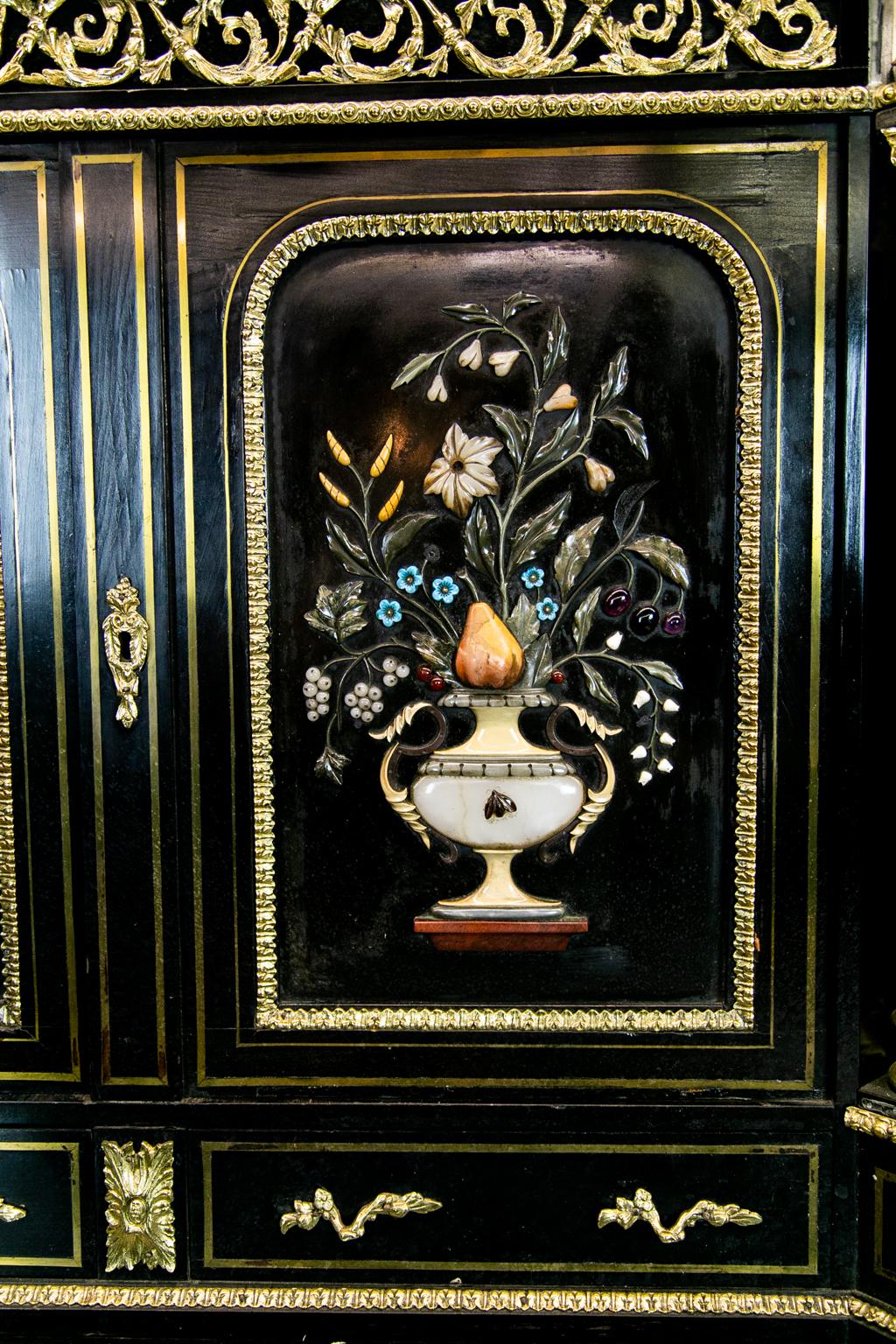 Inlay English Black Lacquer Step Back Cabinet For Sale