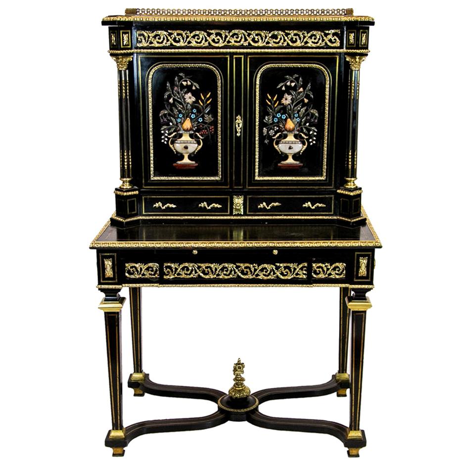 English Black Lacquer Step Back Cabinet For Sale