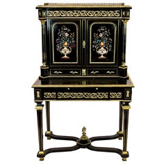 English Black Lacquer Step Back Cabinet