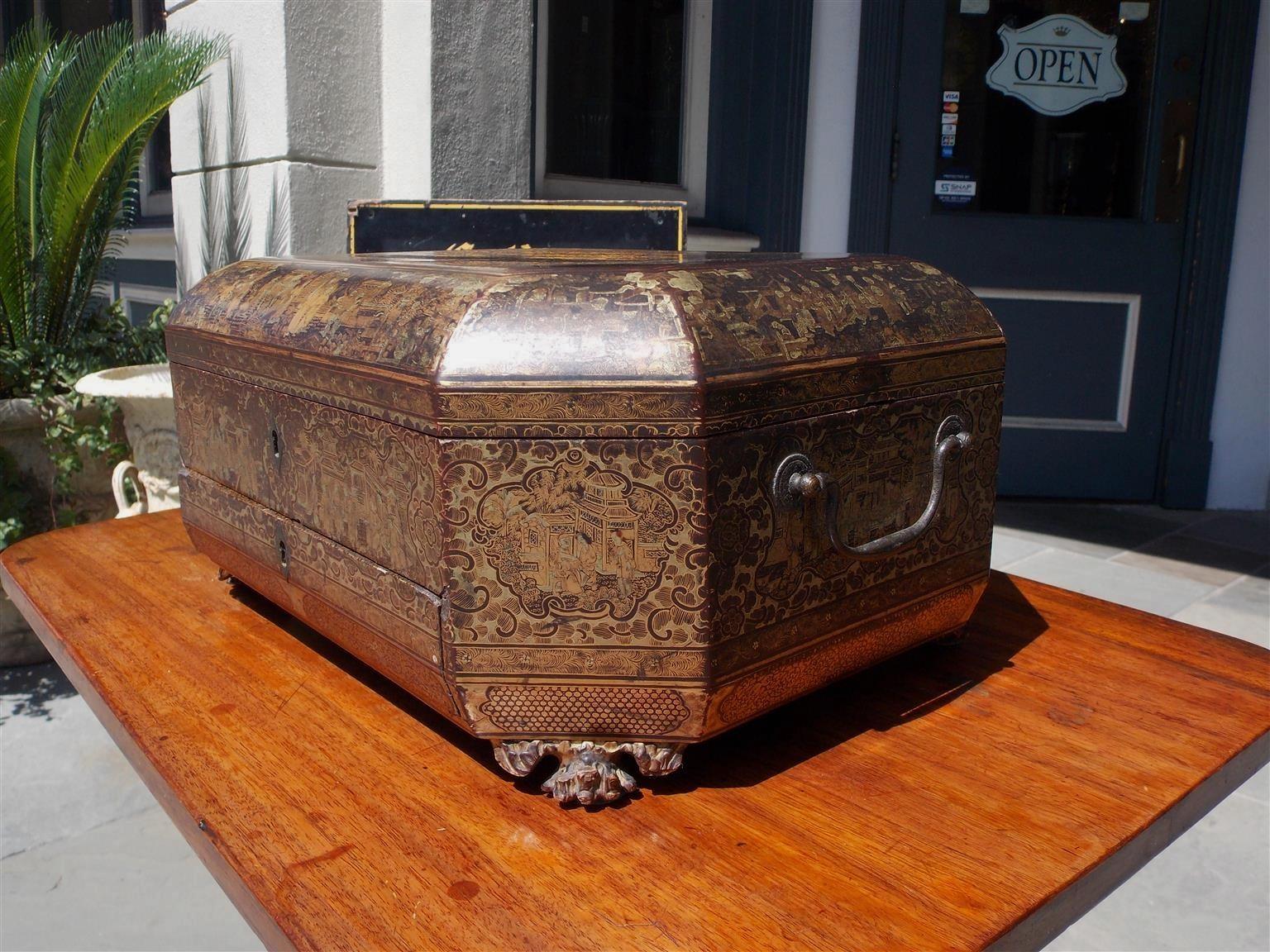 English Black Lacquered and Gilt Stenciled Figural Pagoda Sewing Box, C. 1810  For Sale 2