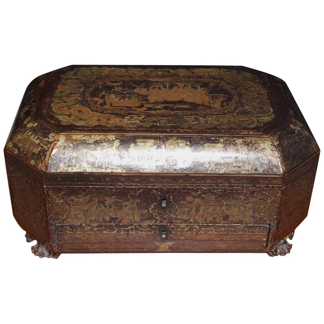 English Black Lacquered and Gilt Stenciled Figural Pagoda Sewing Box, C. 1810  For Sale