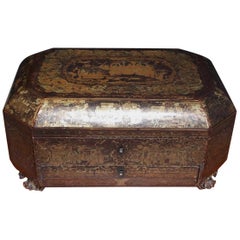 Antique English Black Lacquered and Gilt Stenciled Figural Pagoda Sewing Box, C. 1810 