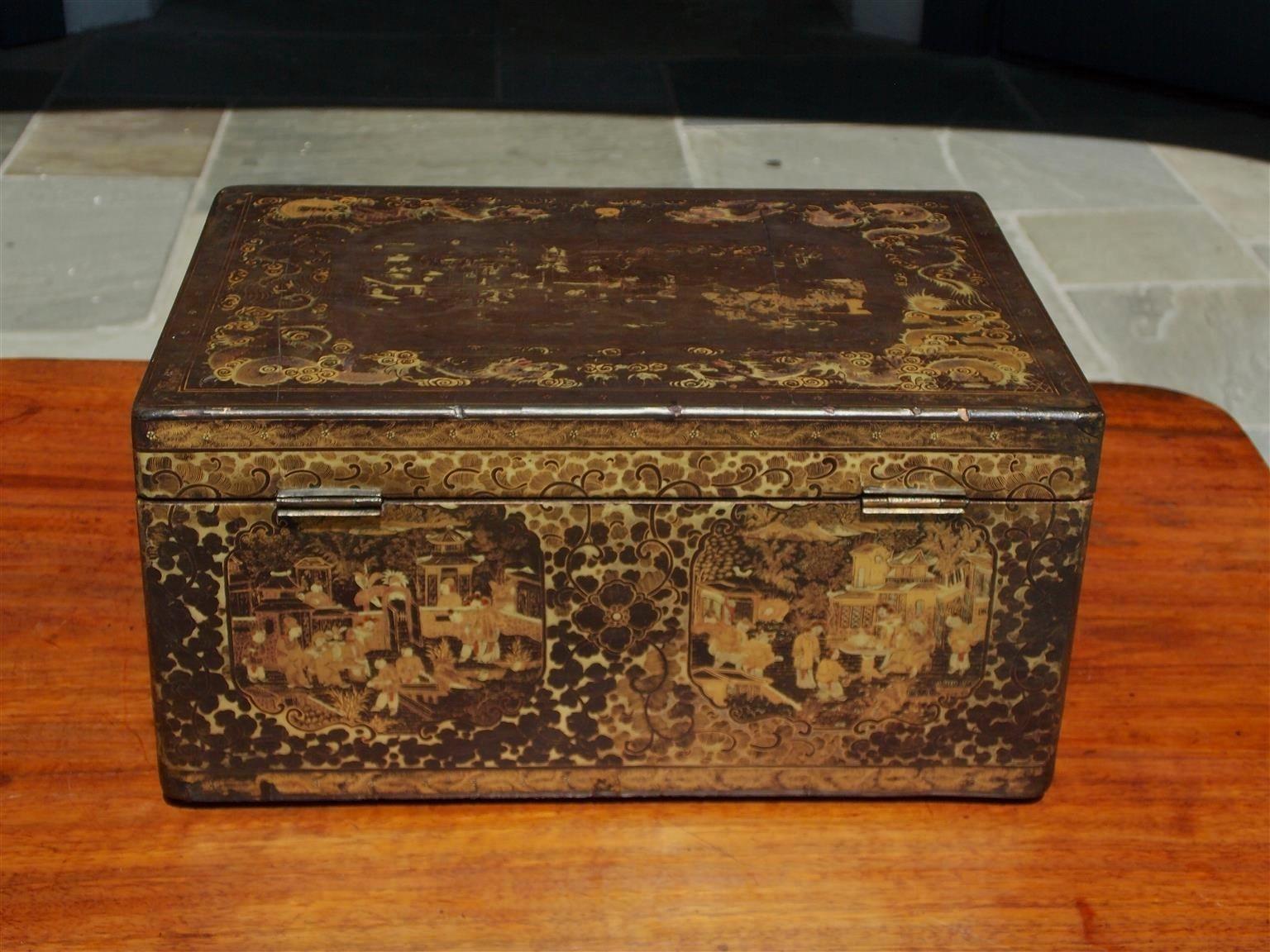 English Black Lacquered and Gilt Stenciled Figural Pagoda Tea Box, Circa 1810 For Sale 4