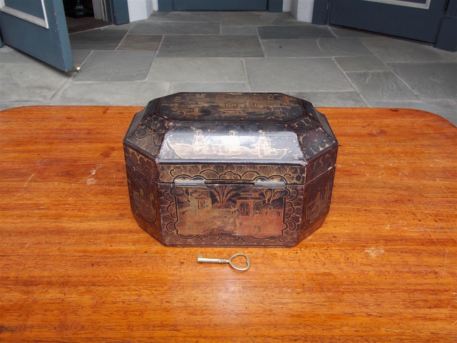 Bone English Black Lacquered and Gilt Stenciled Figural Pagoda Tea Caddy, Circa 1810 For Sale