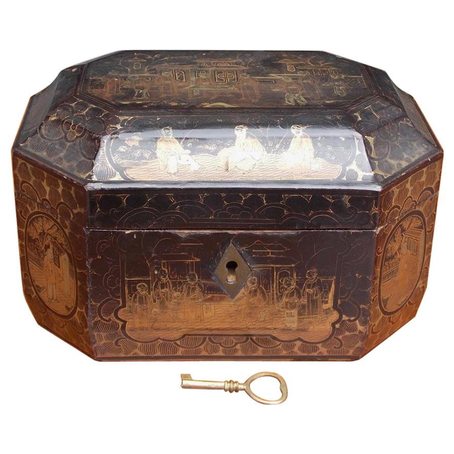 English Black Lacquered and Gilt Stenciled Figural Pagoda Tea Caddy, Circa 1810 For Sale
