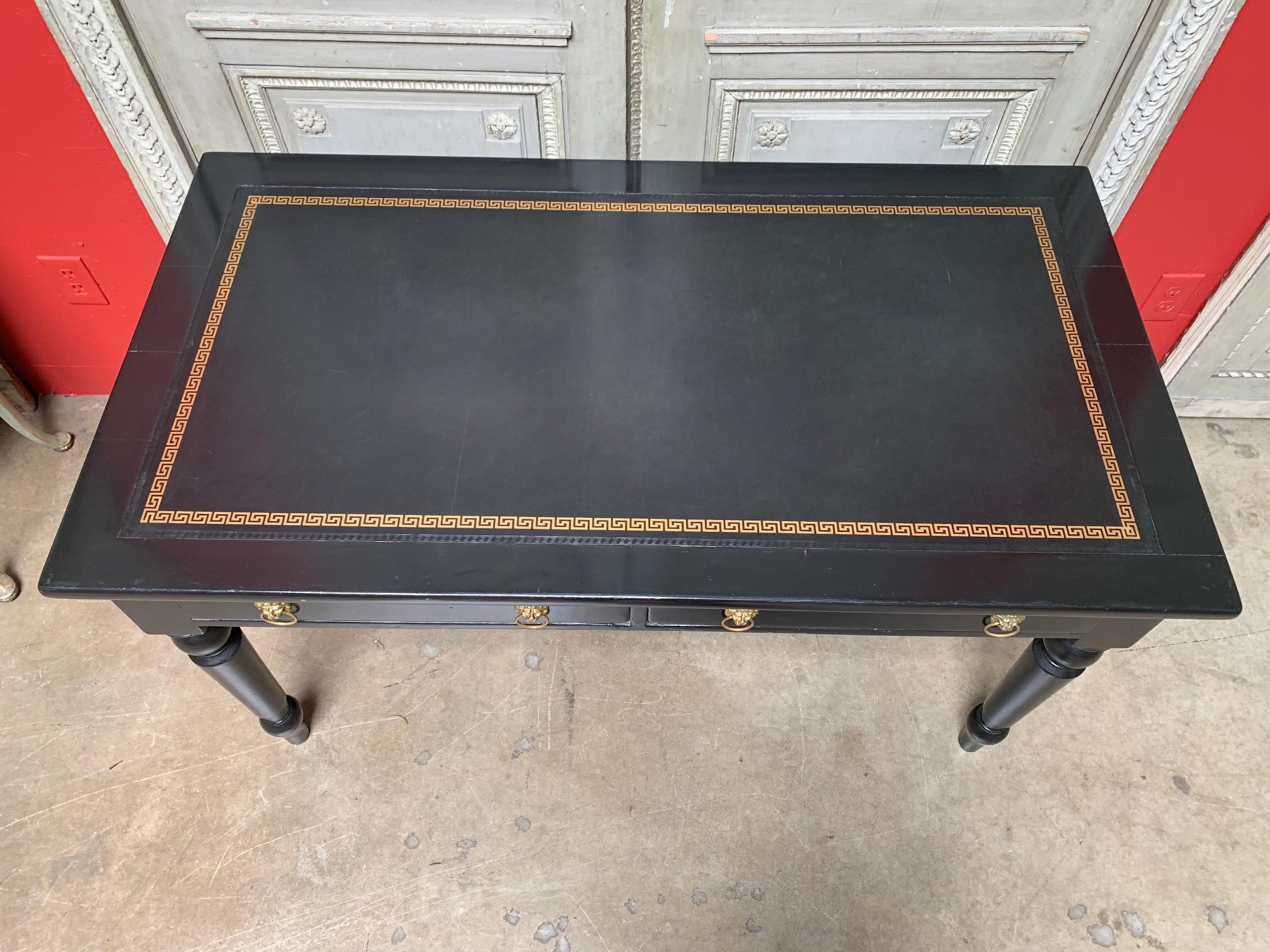 Victorian English Black Lacquered Desk with a Black and Gold Leather Top