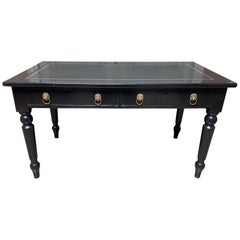English Black Lacquered Desk with a Black and Gold Leather Top