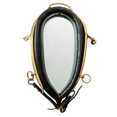 English Black Leather and Brass Horse Collar Wall Mirror, circa 1920