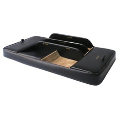 English Black Leather Desk Tray Caddy Box Organizer