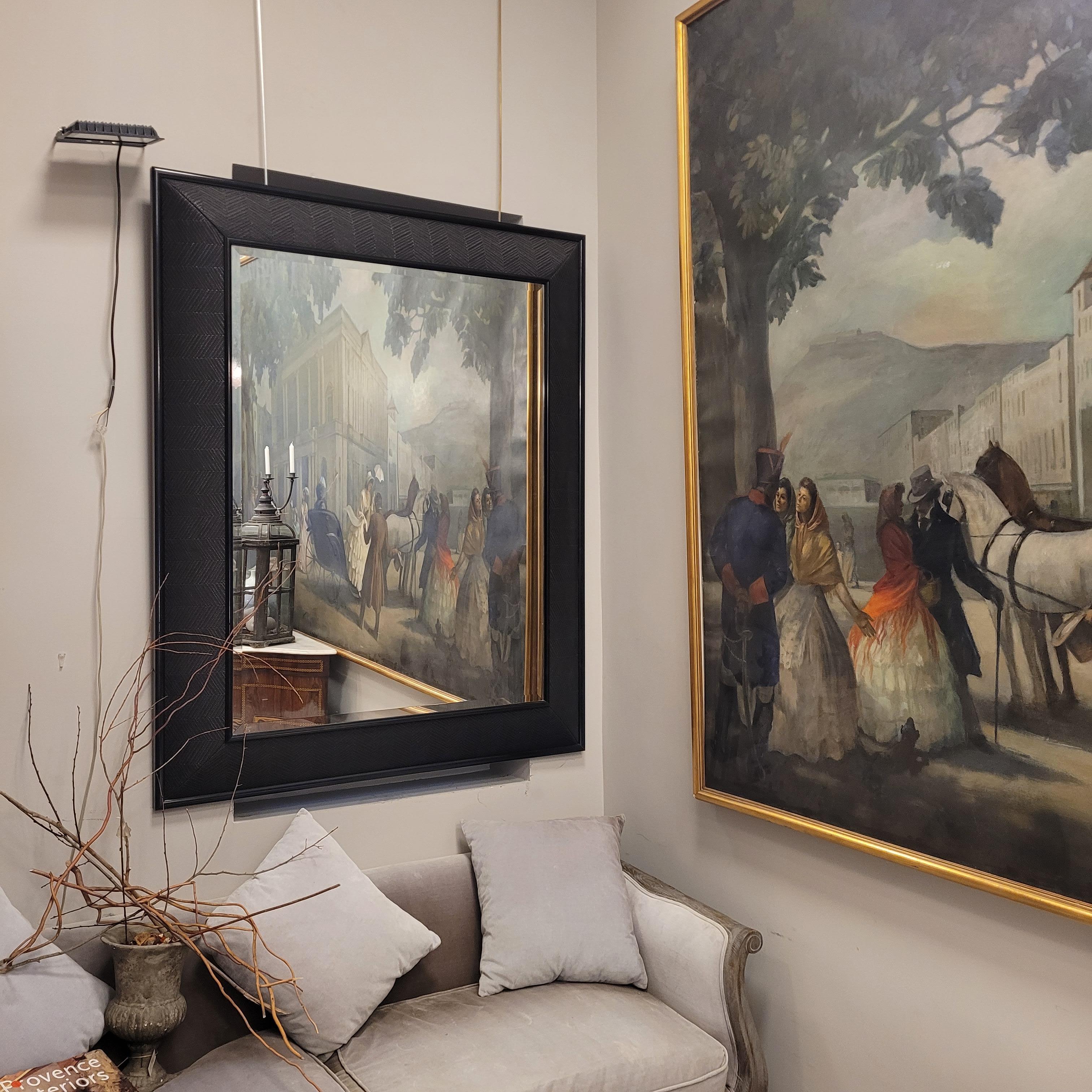 One of a kind very large rectangular profile mirror, framed by a wide frame in braided leather of the highest quality and treatment, made by the best English craftsmen and the best leathers on the market.
The frame has been made, not on a flat