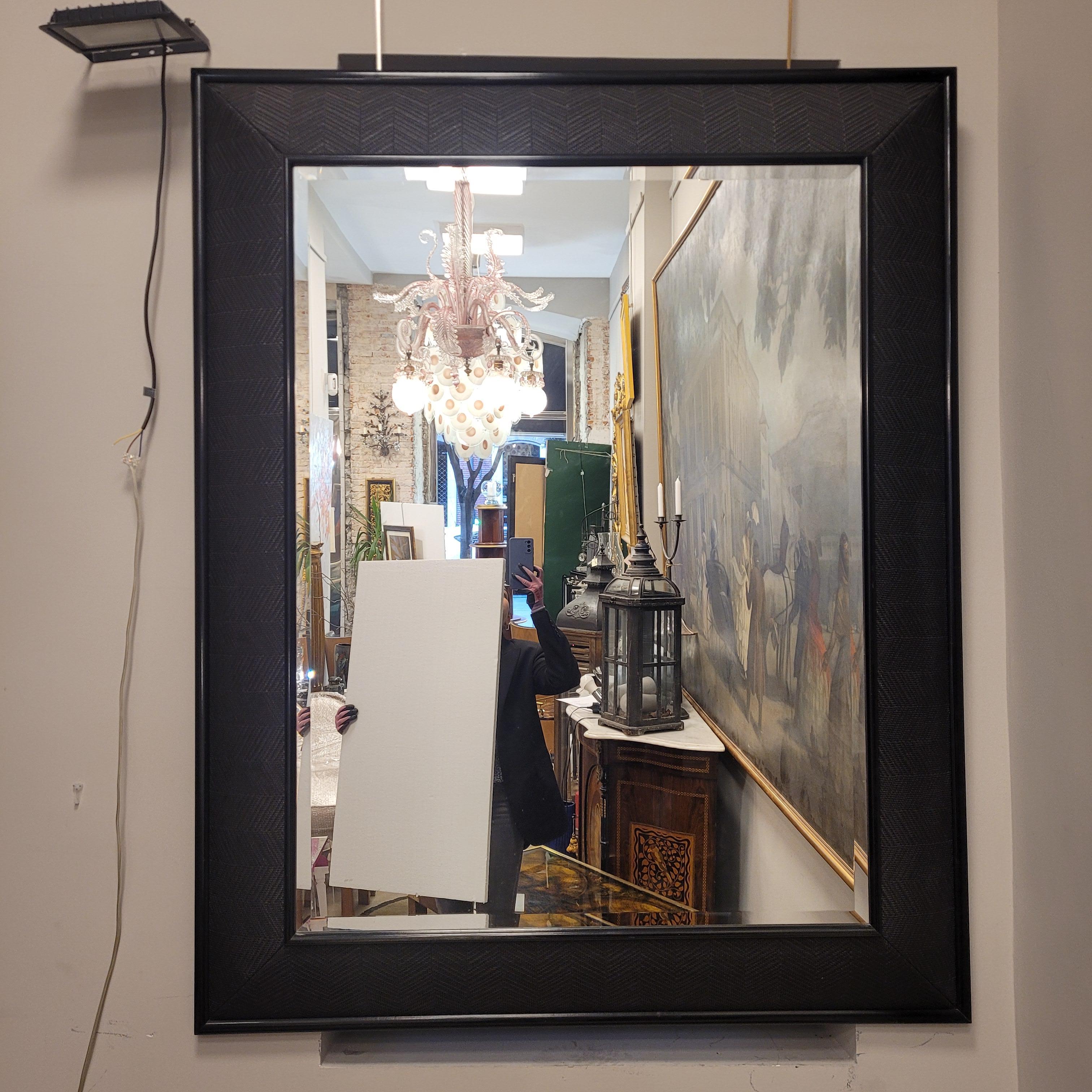 Hand-Crafted English black  mirror in braided leather by Simpsons of London For Sale