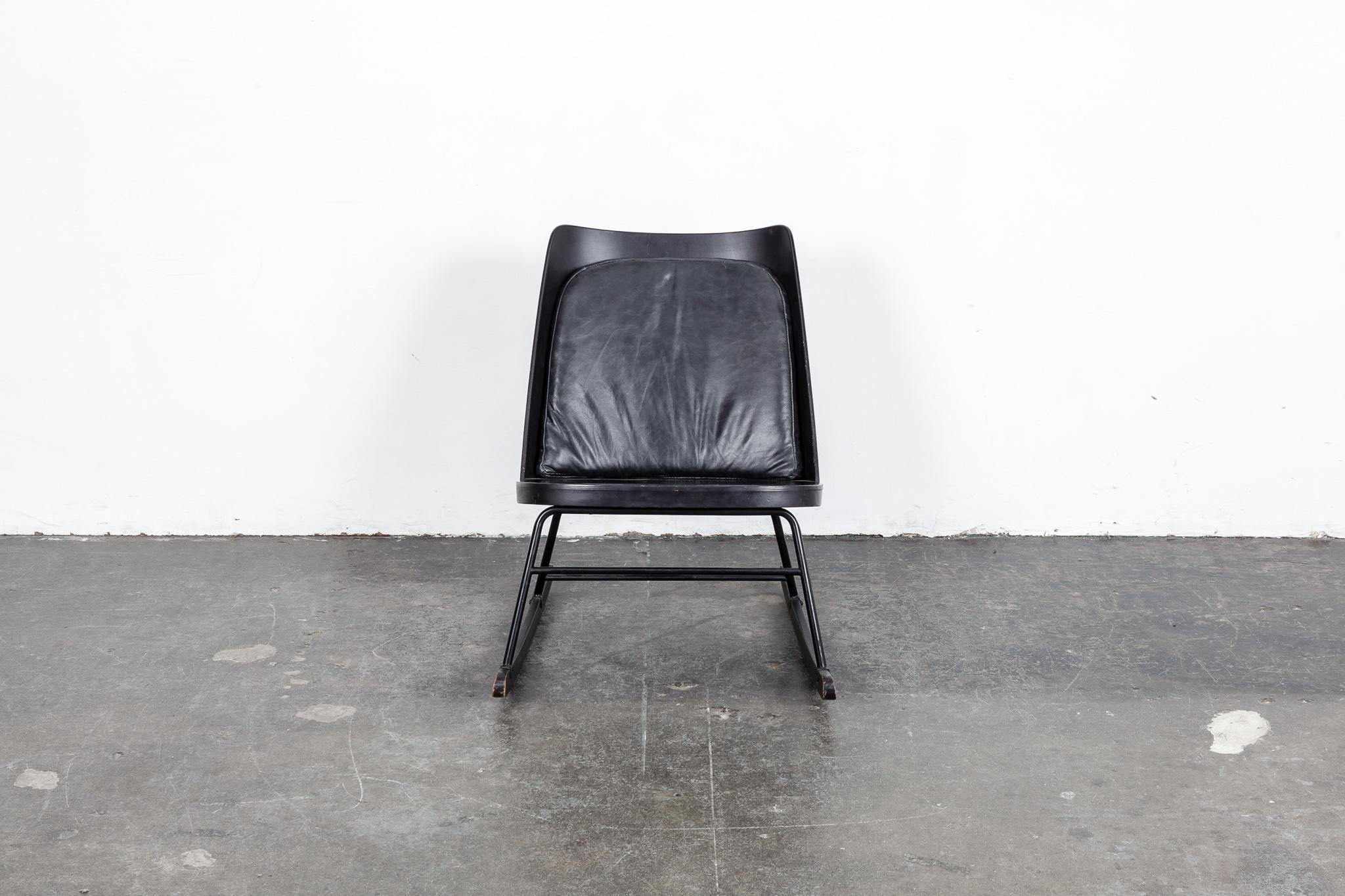 Mid-Century Modern English Black Wood Mid-Century Rocking Chair with Black Leather Cushion