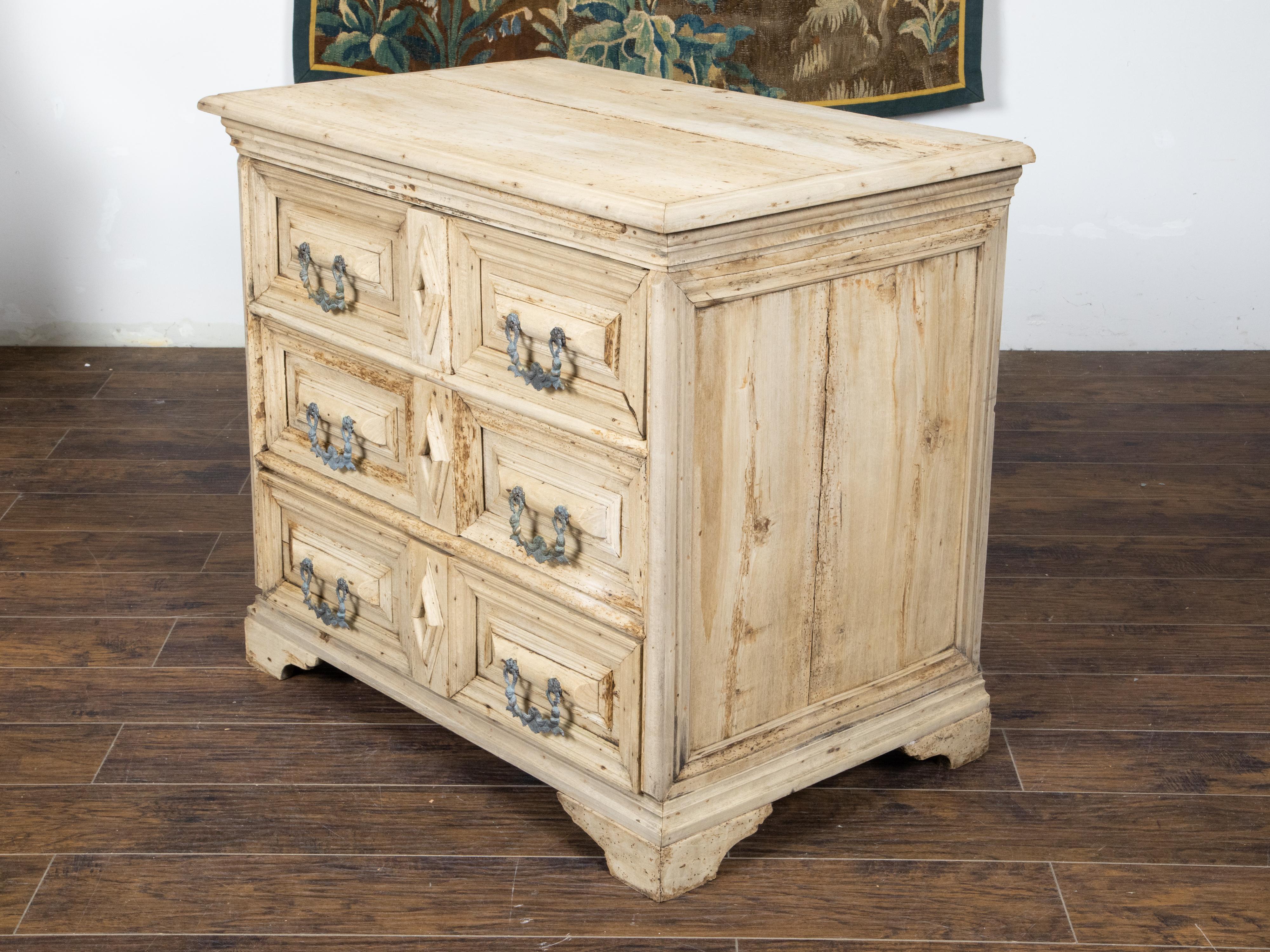 English Bleached Oak 19th Century Geometric Front Carved Three Drawer Chest In Good Condition For Sale In Atlanta, GA
