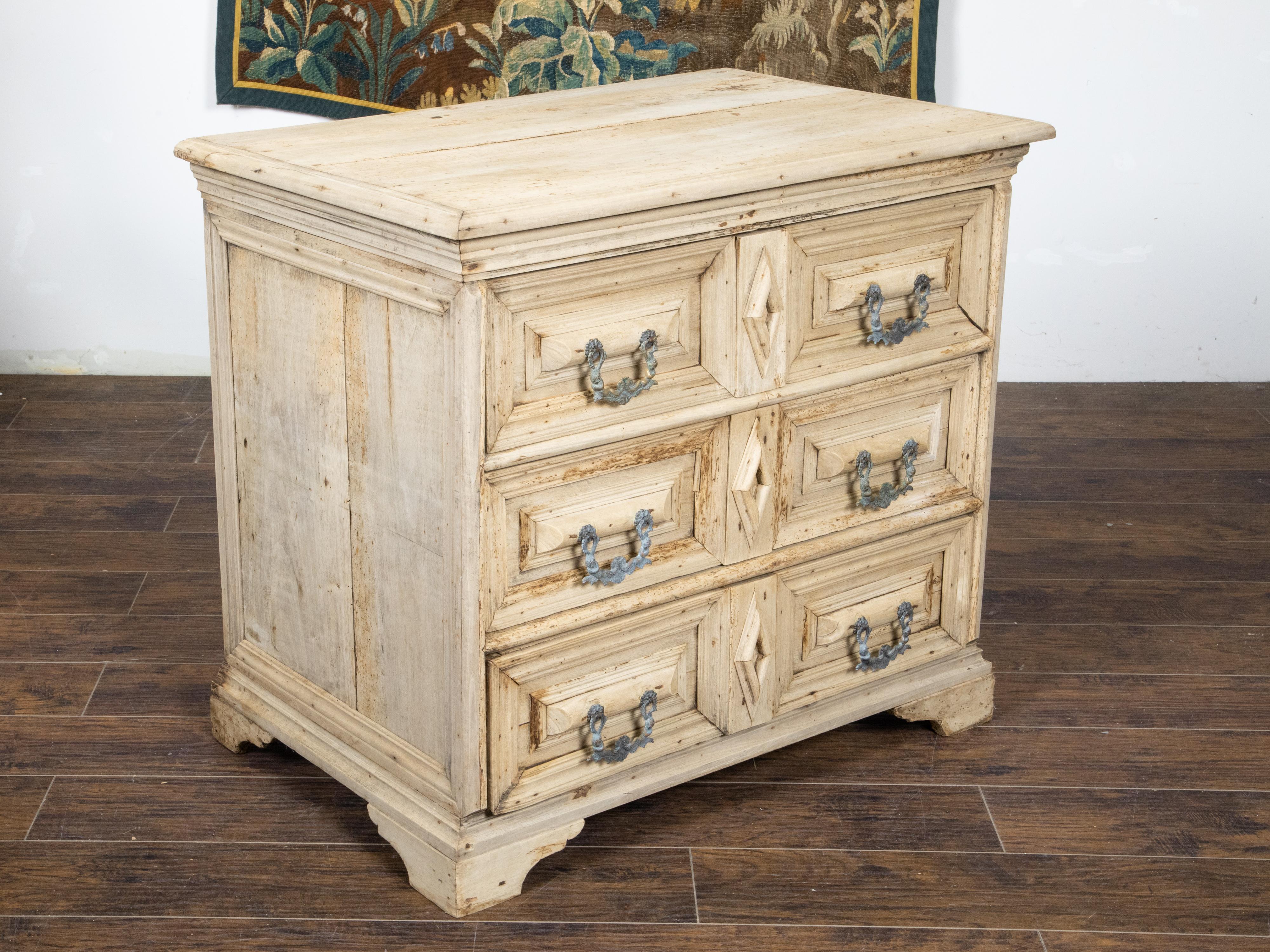 English Bleached Oak 19th Century Geometric Front Carved Three Drawer Chest For Sale 3