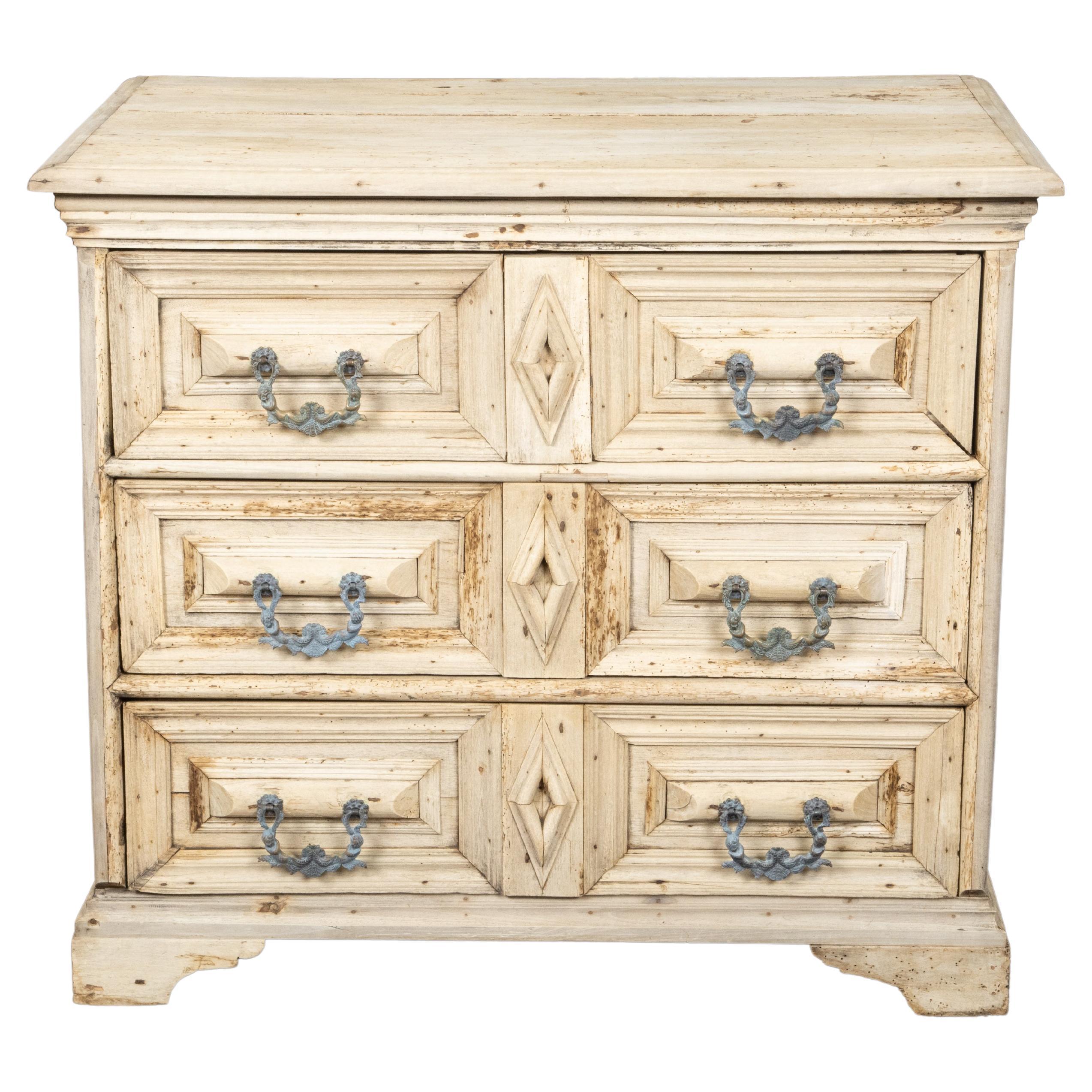 English Bleached Oak 19th Century Geometric Front Carved Three Drawer Chest For Sale
