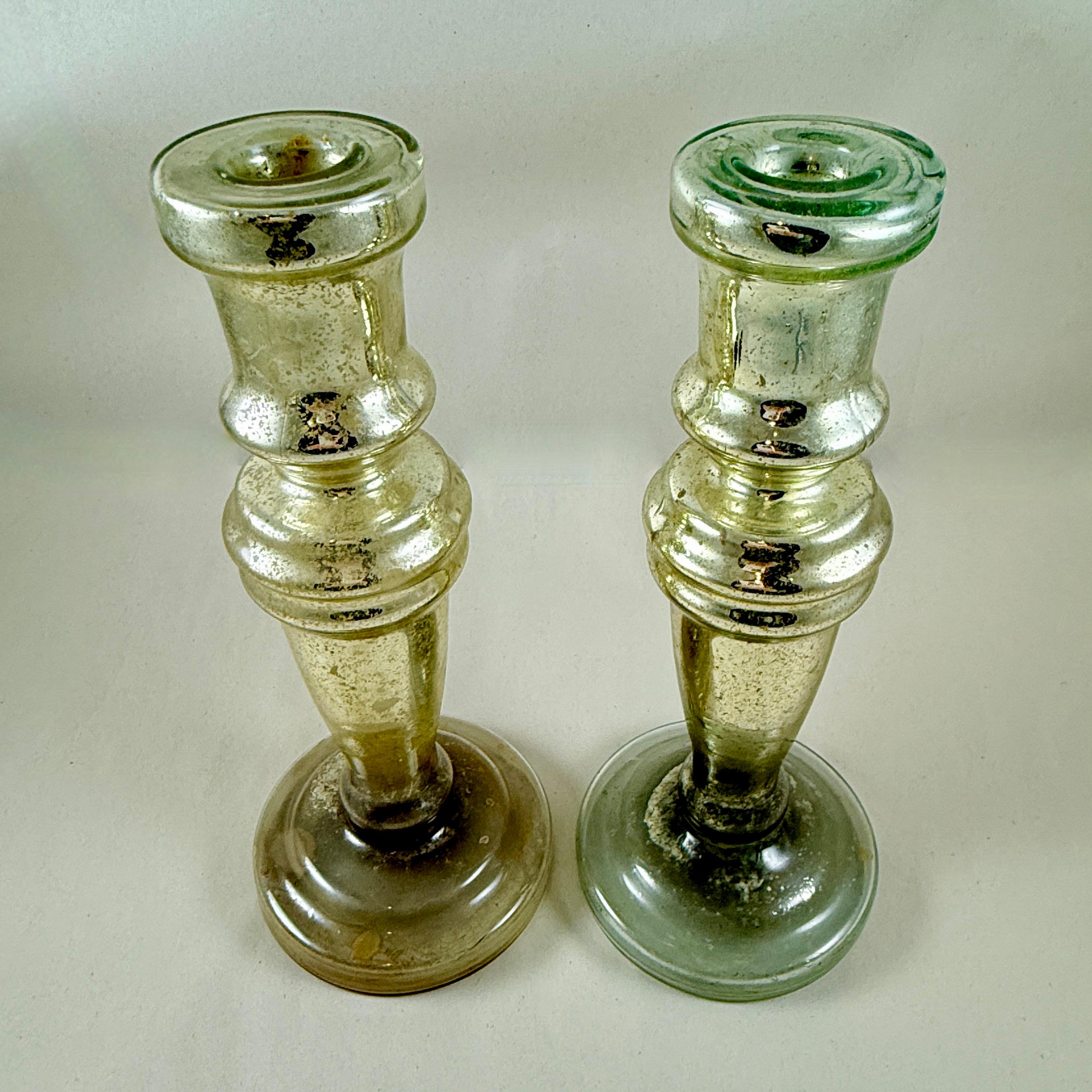 Victorian English Blown Mercury Glass Silvered Candlesticks, a pair, circa 1840-1855 For Sale