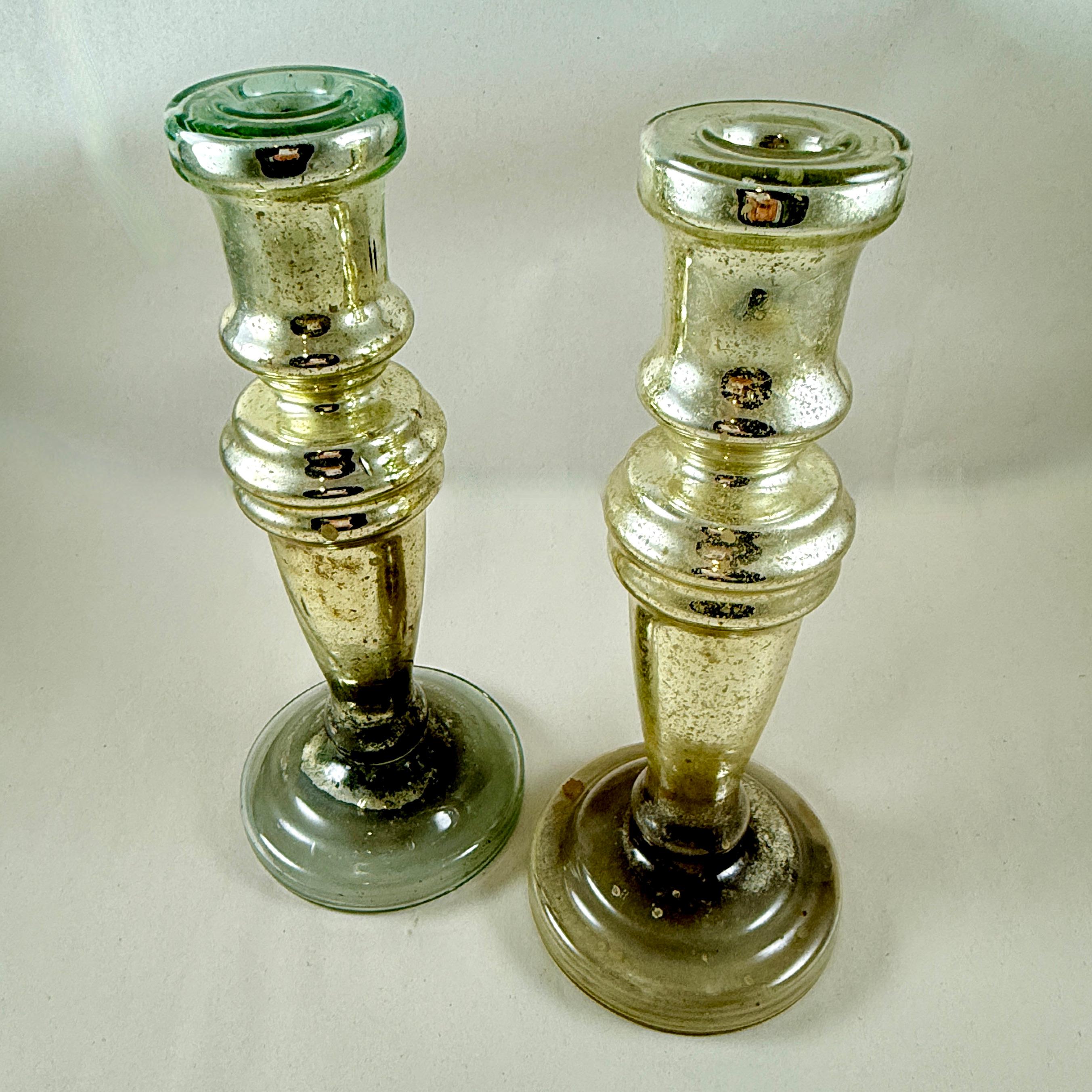 English Blown Mercury Glass Silvered Candlesticks, a pair, circa 1840-1855 In Good Condition For Sale In Philadelphia, PA
