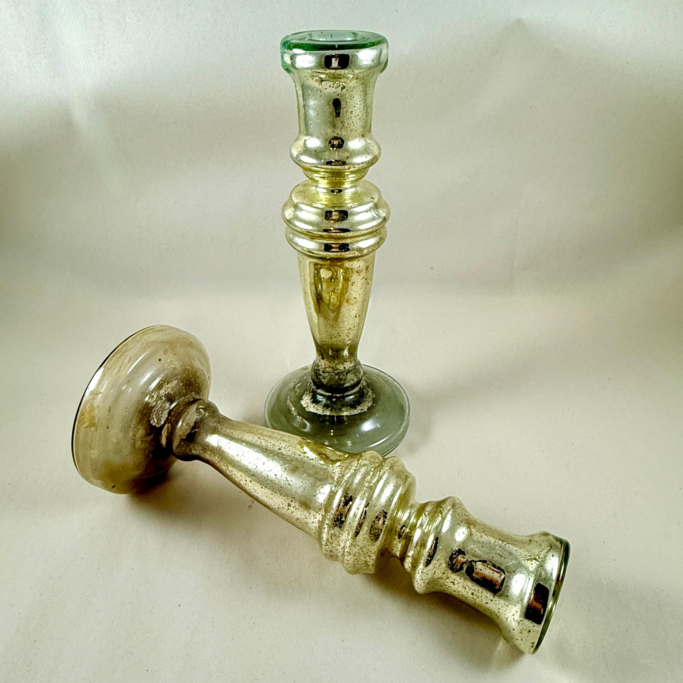 19th Century English Blown Mercury Glass Silvered Candlesticks, a pair, circa 1840-1855 For Sale