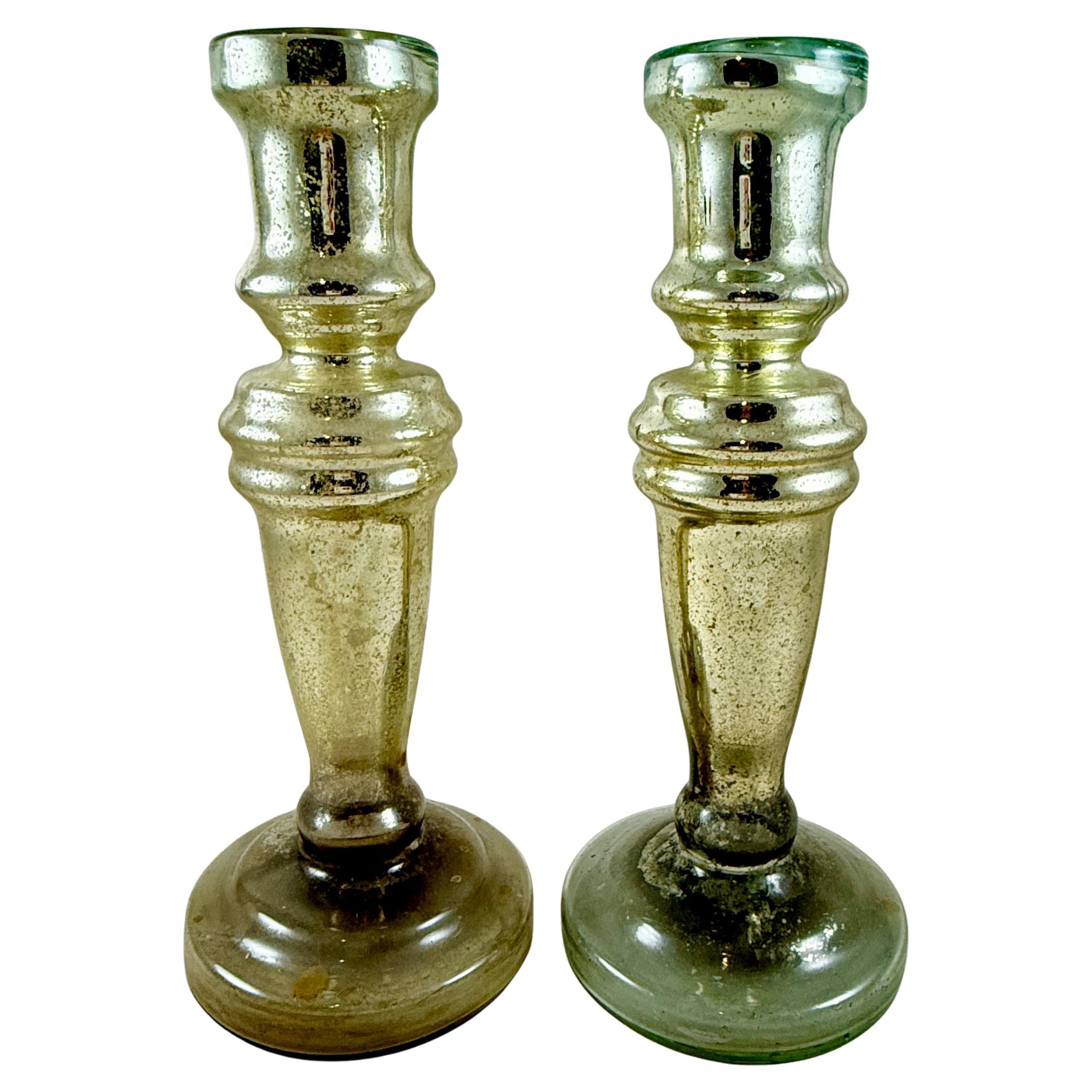 English Blown Mercury Glass Silvered Candlesticks, a pair, circa 1840-1855