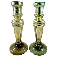 Antique English Blown Mercury Glass Silvered Candlesticks, a pair, circa 1840-1855