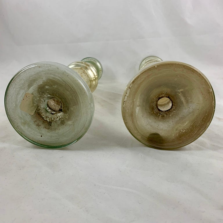 English Blown Mercury Glass Silvered Candlesticks, Collection of Six, circa 1850 For Sale 7
