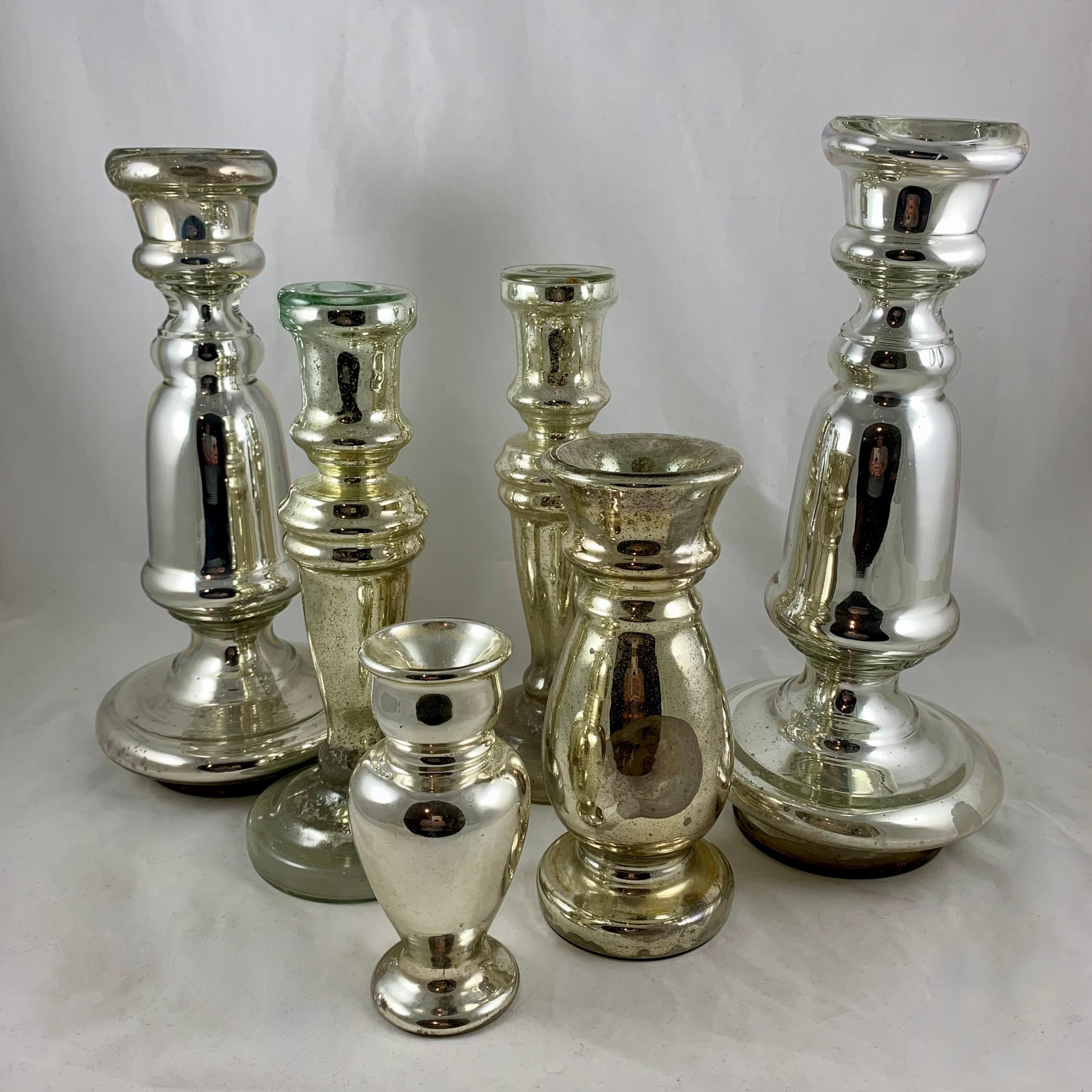 International Style English Blown Mercury Glass Silvered Candlesticks, Collection of Six, circa 1850 For Sale