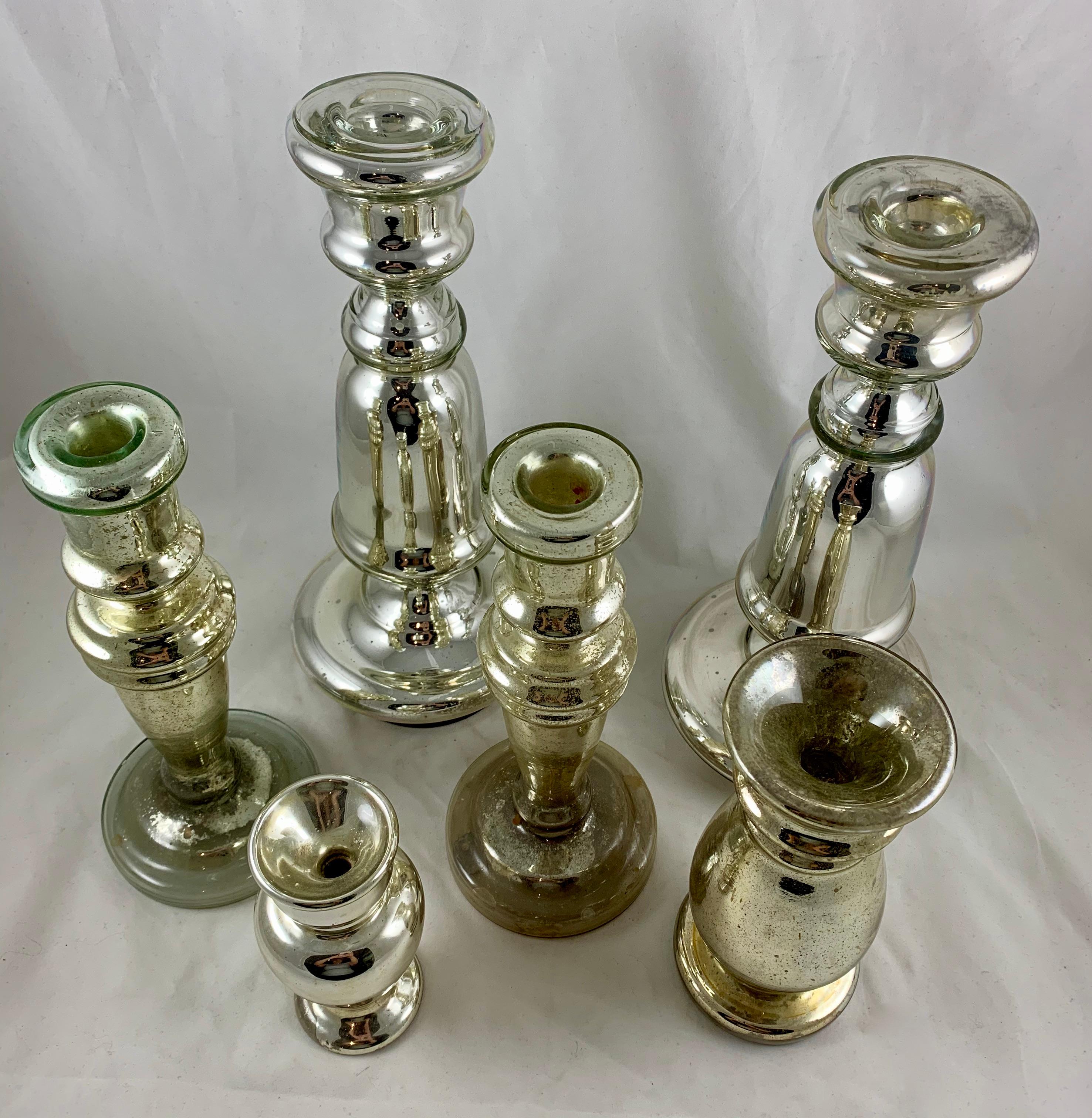 English Blown Mercury Glass Silvered Candlesticks, Collection of Six, circa 1850 In Good Condition For Sale In Philadelphia, PA
