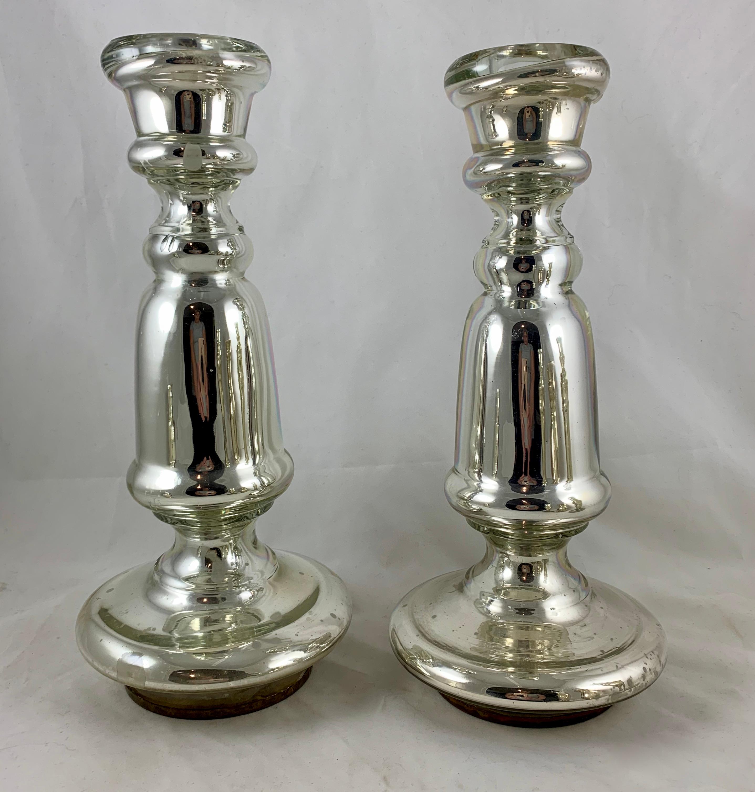 19th Century English Blown Mercury Glass Silvered Candlesticks, Collection of Six, circa 1850 For Sale