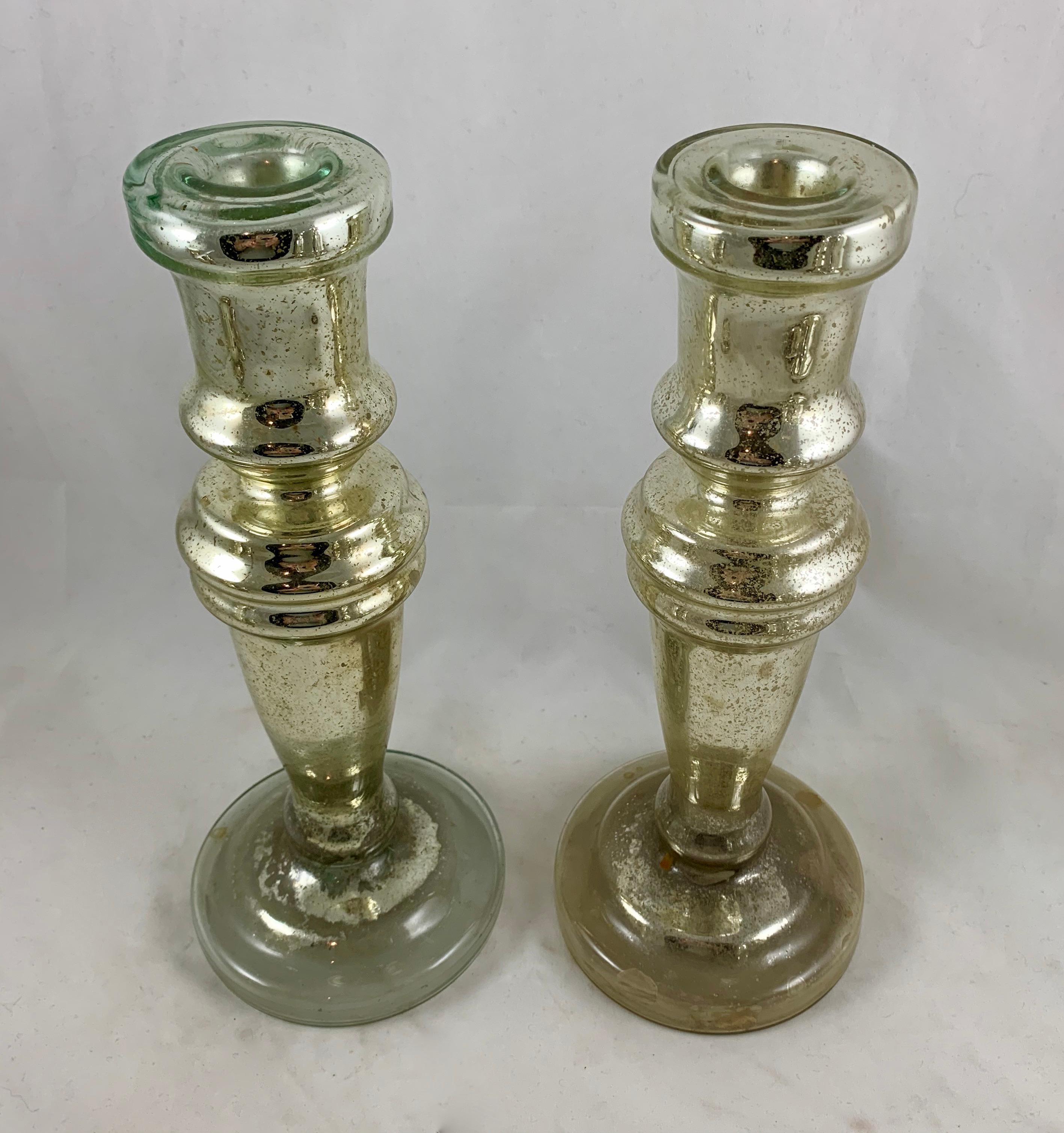 Blown Glass English Blown Mercury Glass Silvered Candlesticks, Collection of Six, circa 1850 For Sale