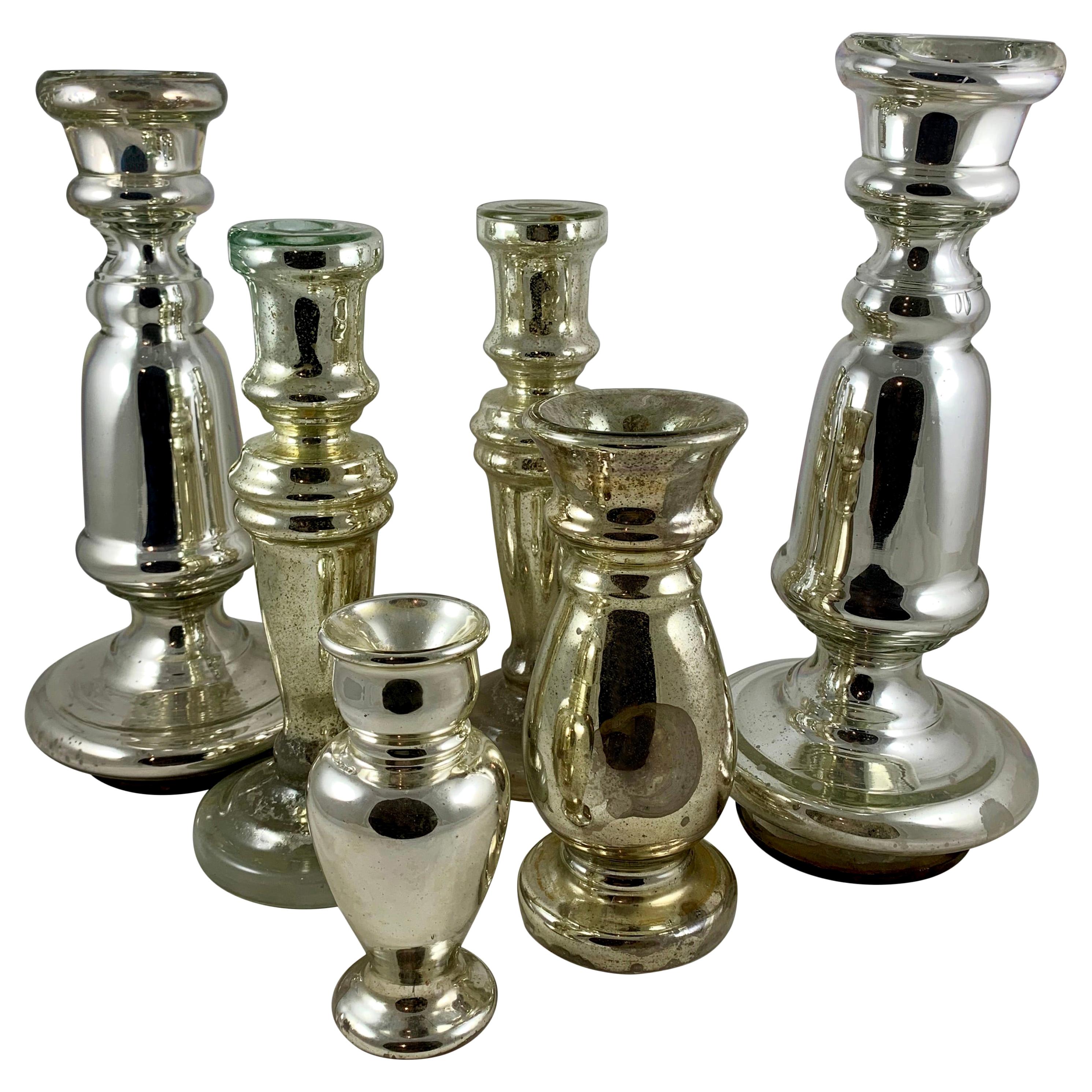 English Blown Mercury Glass Silvered Candlesticks, Collection of Six, circa 1850