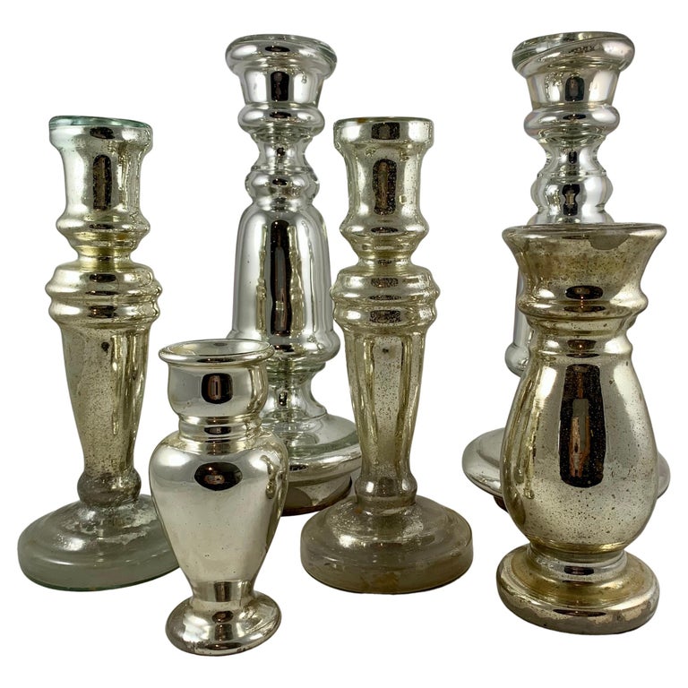 English Blown Mercury Glass Silvered Candlesticks, Collection of Six, circa 1850 For Sale
