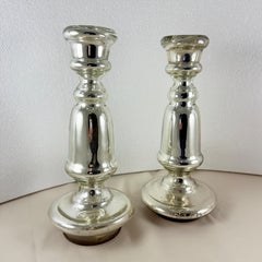 English Blown Mercury Glass Silvered Large Candlesticks, a pair, circa 1840-1855