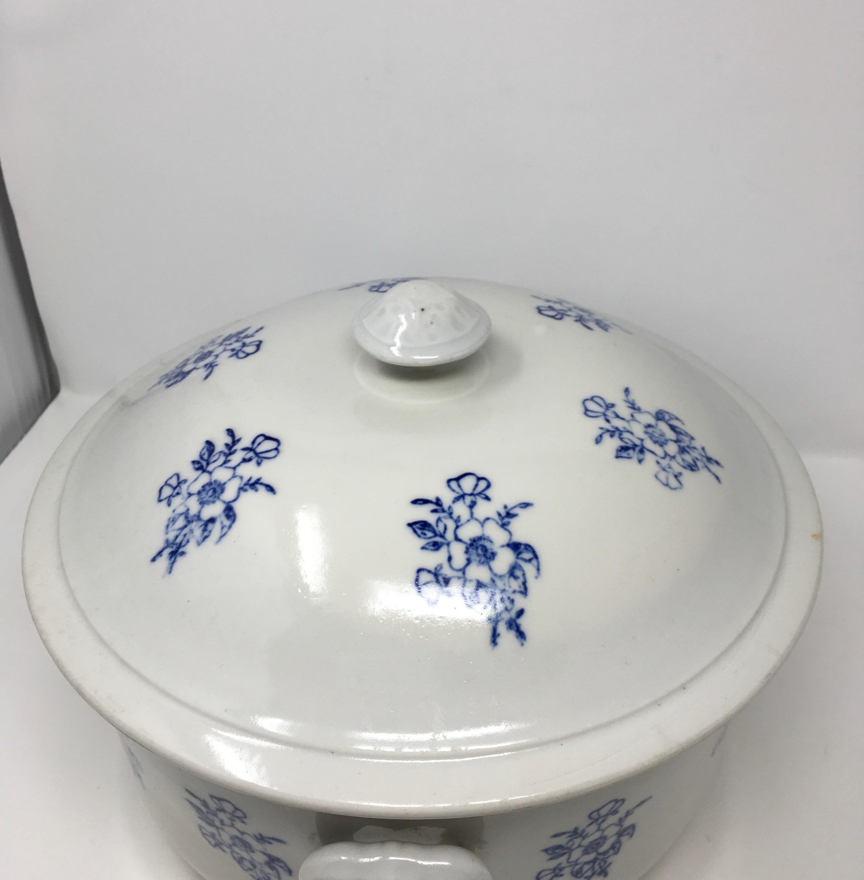 Glazed English Blue and White Antique Ironstone Tureen