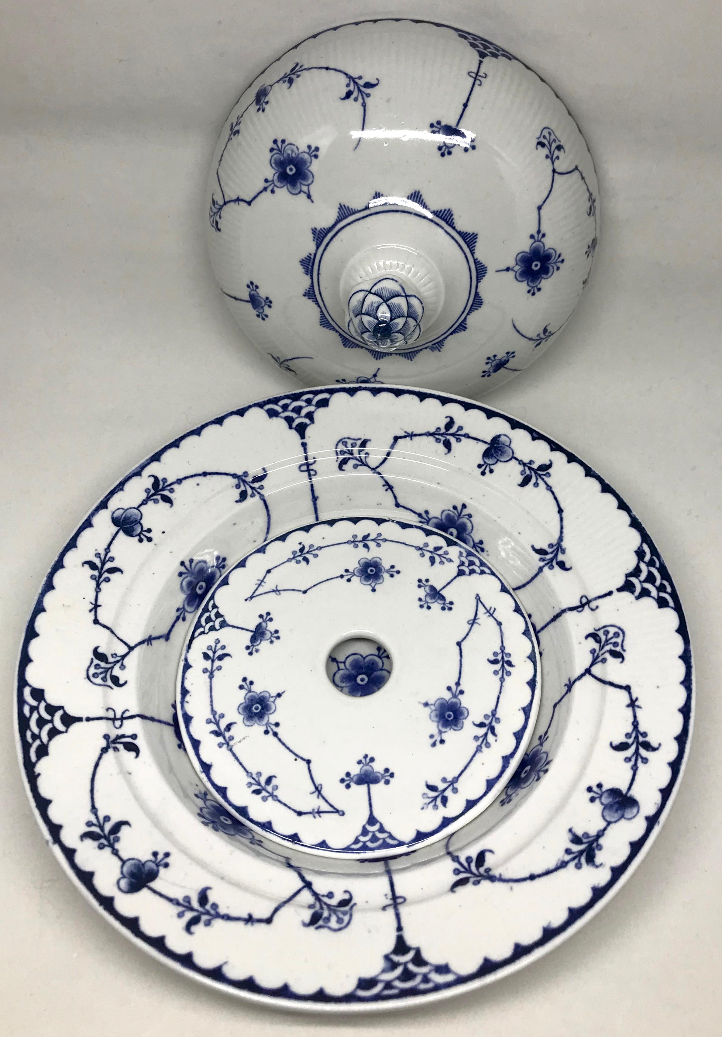 Painted English Blue and White Covered Dish For Sale