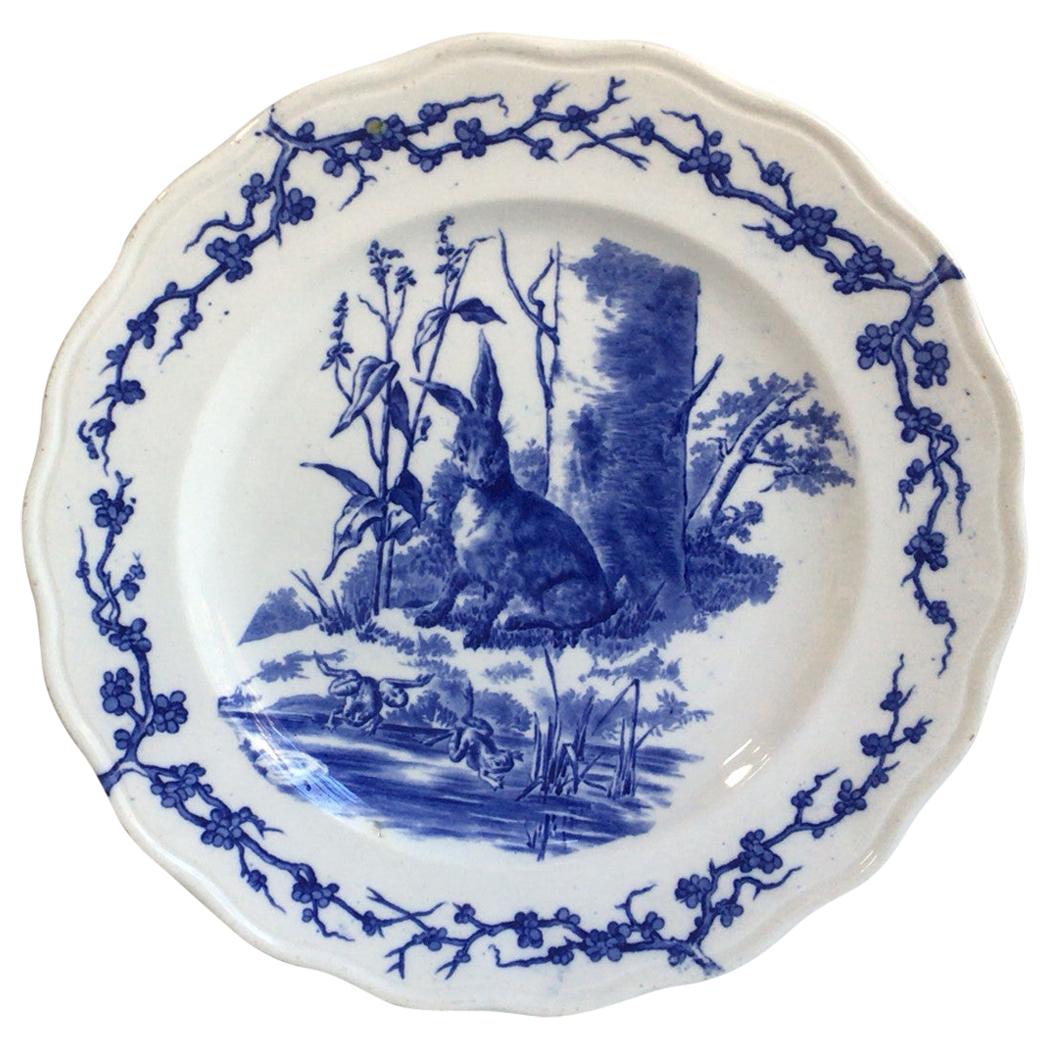 English Blue and White Plate Hare and Frogs Brown Westhead and Moore, circa 1890