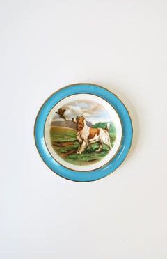 English Blue and White Porcelain Jewelry Dish with Spaniel Dog and Bird