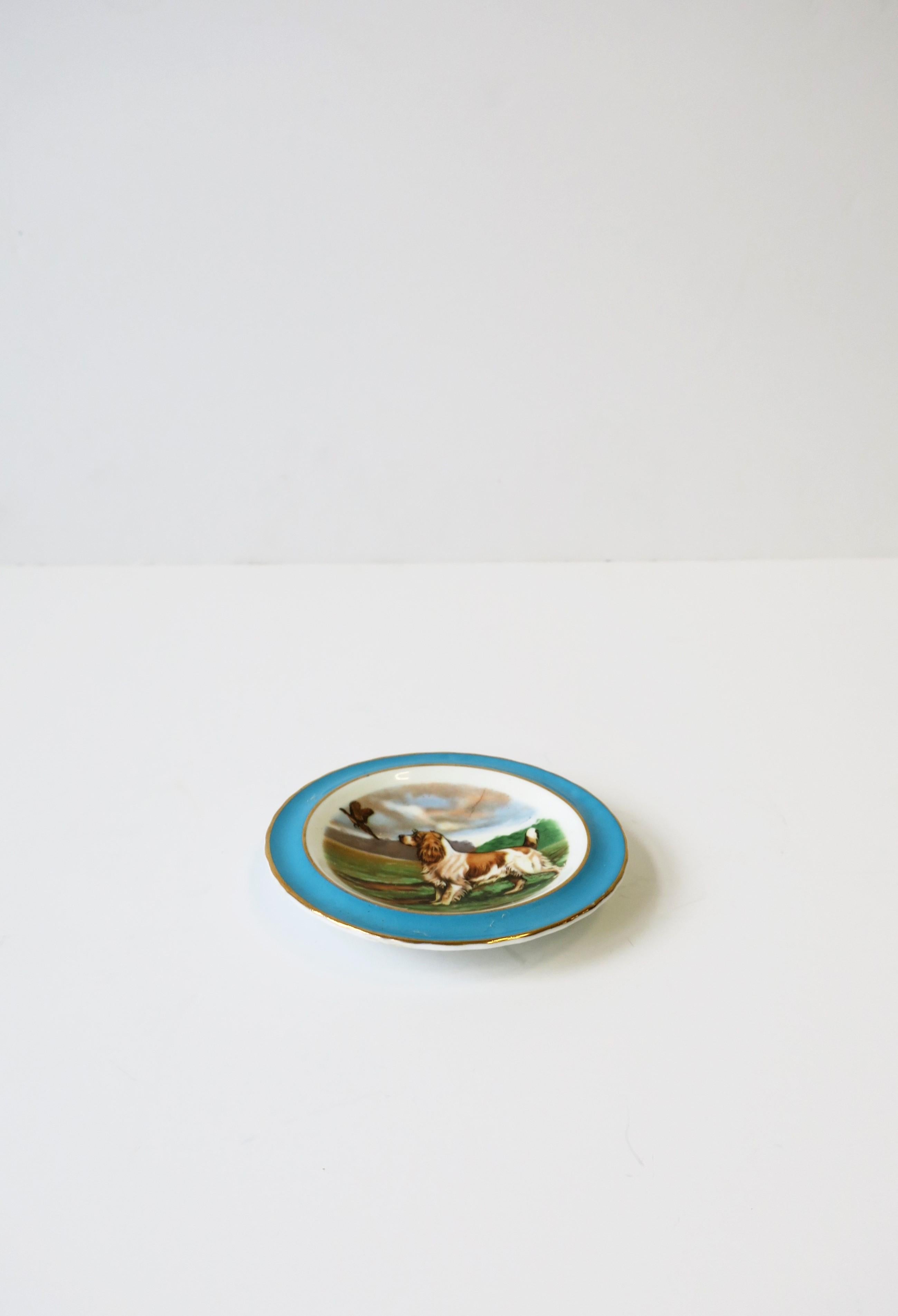 English Blue and White Porcelain Jewelry Dish with Spaniel Dog and Bird 3