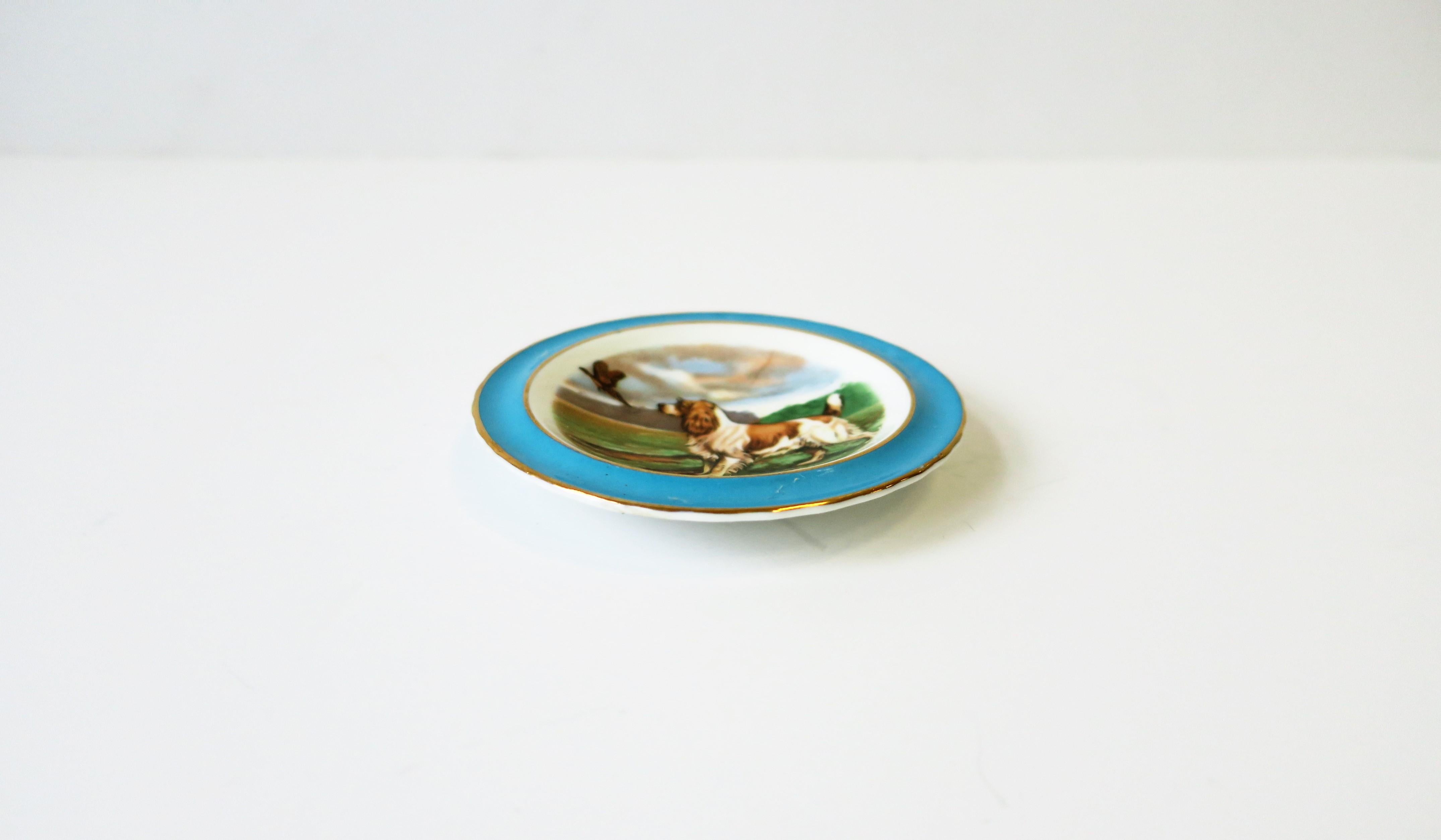 English Blue and White Porcelain Jewelry Dish with Spaniel Dog and Bird 4
