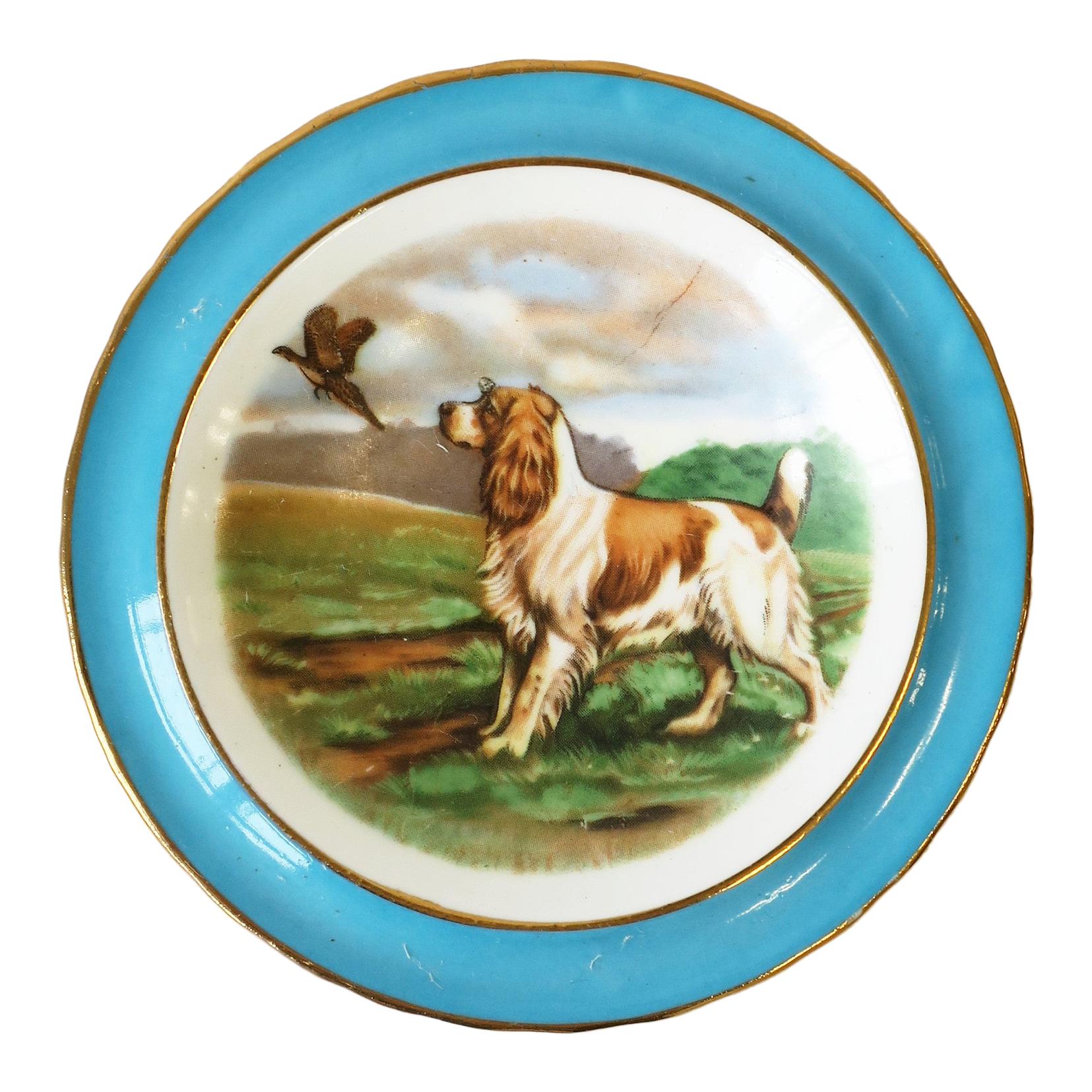 English Blue and White Porcelain Jewelry Dish with Spaniel Dog and Bird