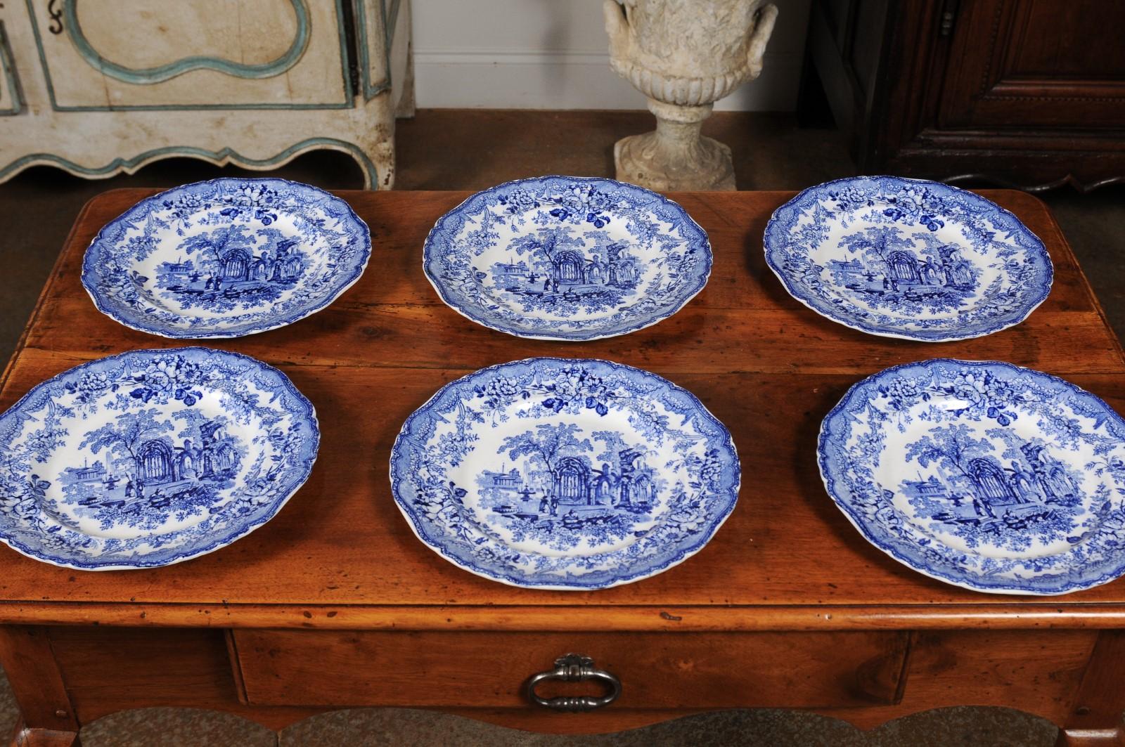 Assiettes de transfert anglaises bleues et blanches avec motifs de ruines gothiques, 19ème siècle en vente 4